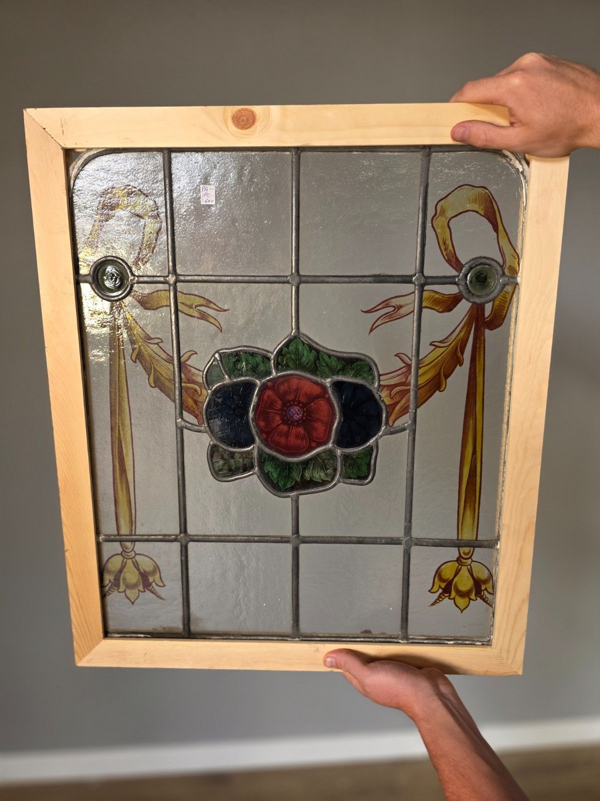 Antique Leaded Glass Window With Hand Painted Detail Of Flowers, Swags And...
