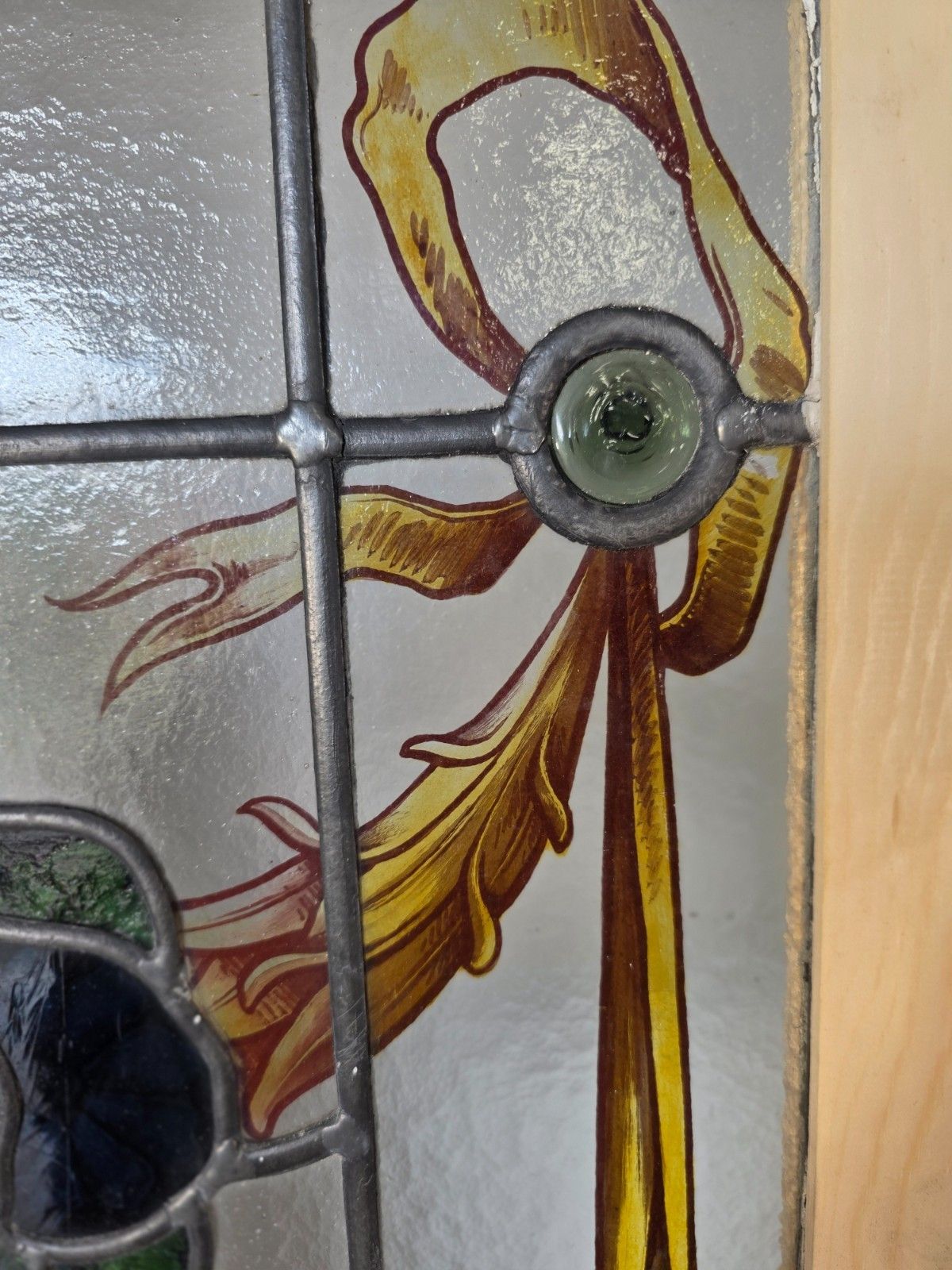 Antique Leaded Glass Window With Hand Painted Detail Of Flowers, Swags And... photo Art