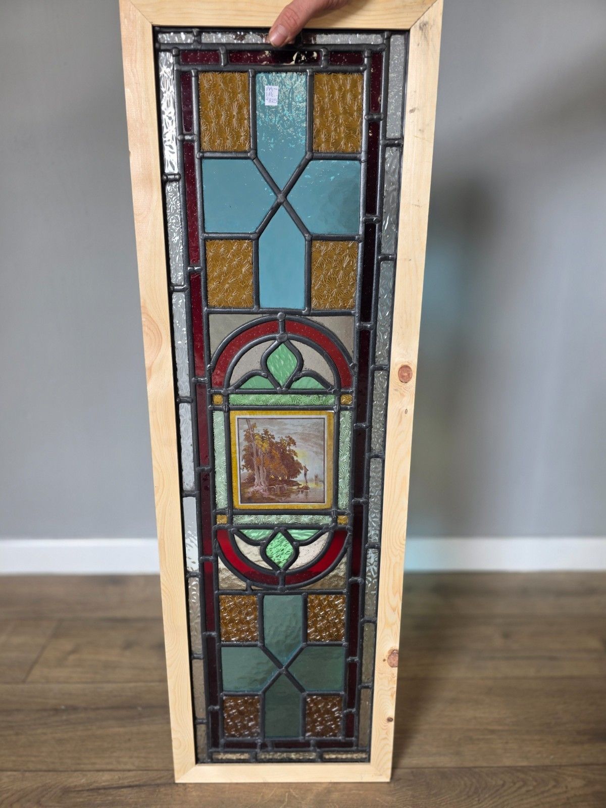 1900 Antique Leaded Glass Window With Hand Painted Countryside Scene