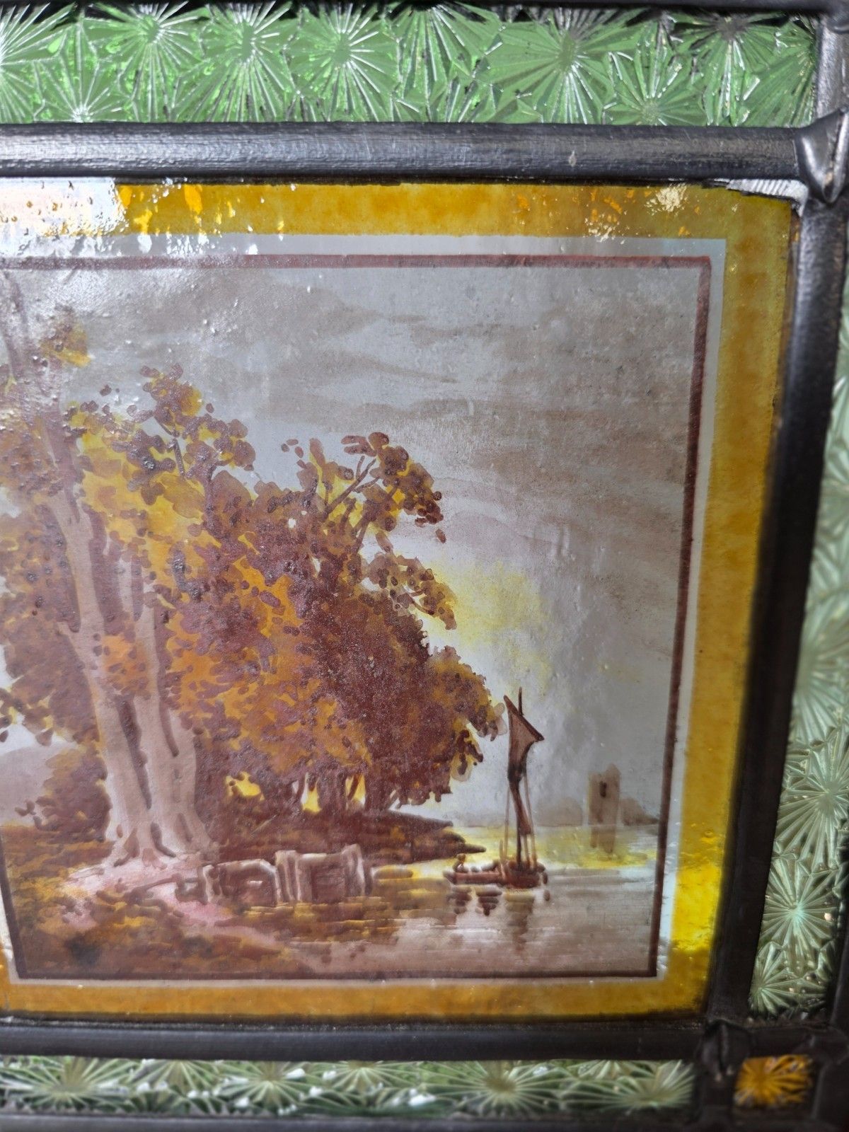1900 Antique Leaded Glass Window With Hand Painted Countryside Scene photo for sale