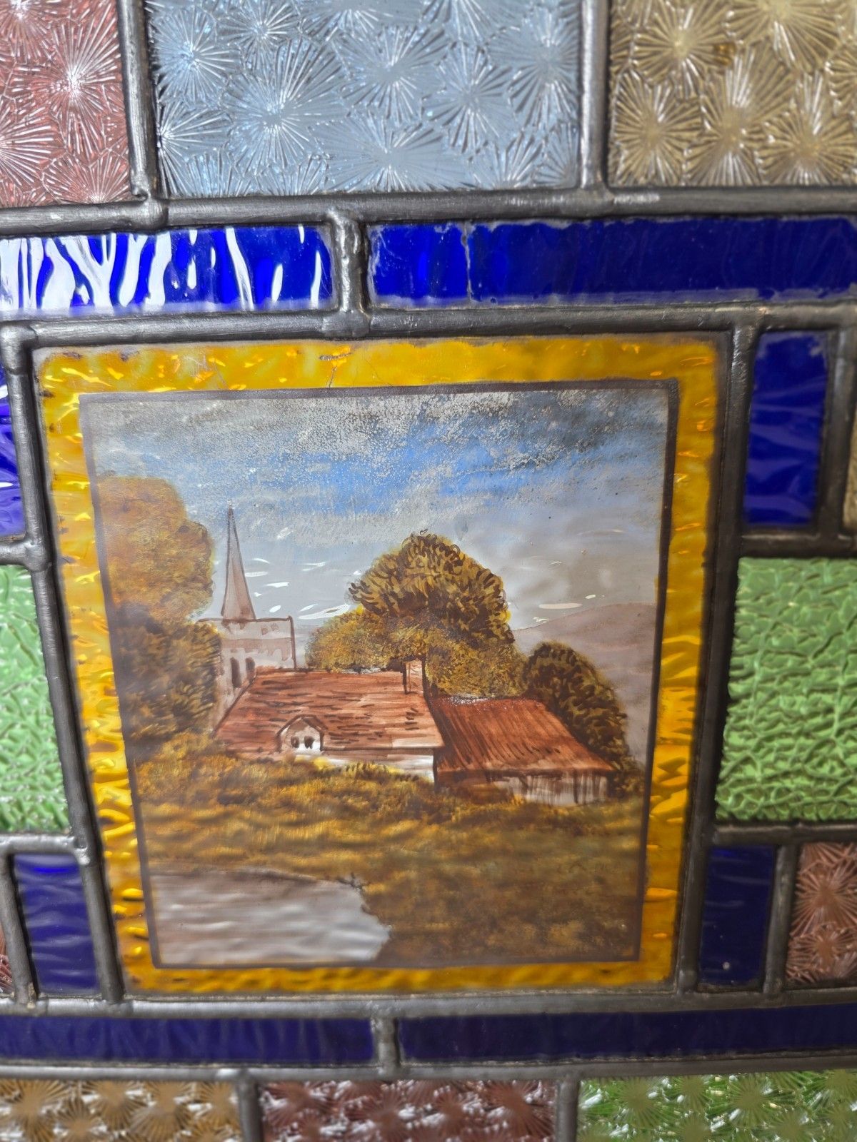 1900 Antique Leaded Glass Window With Hand Painted Countryside Scene photo for sale