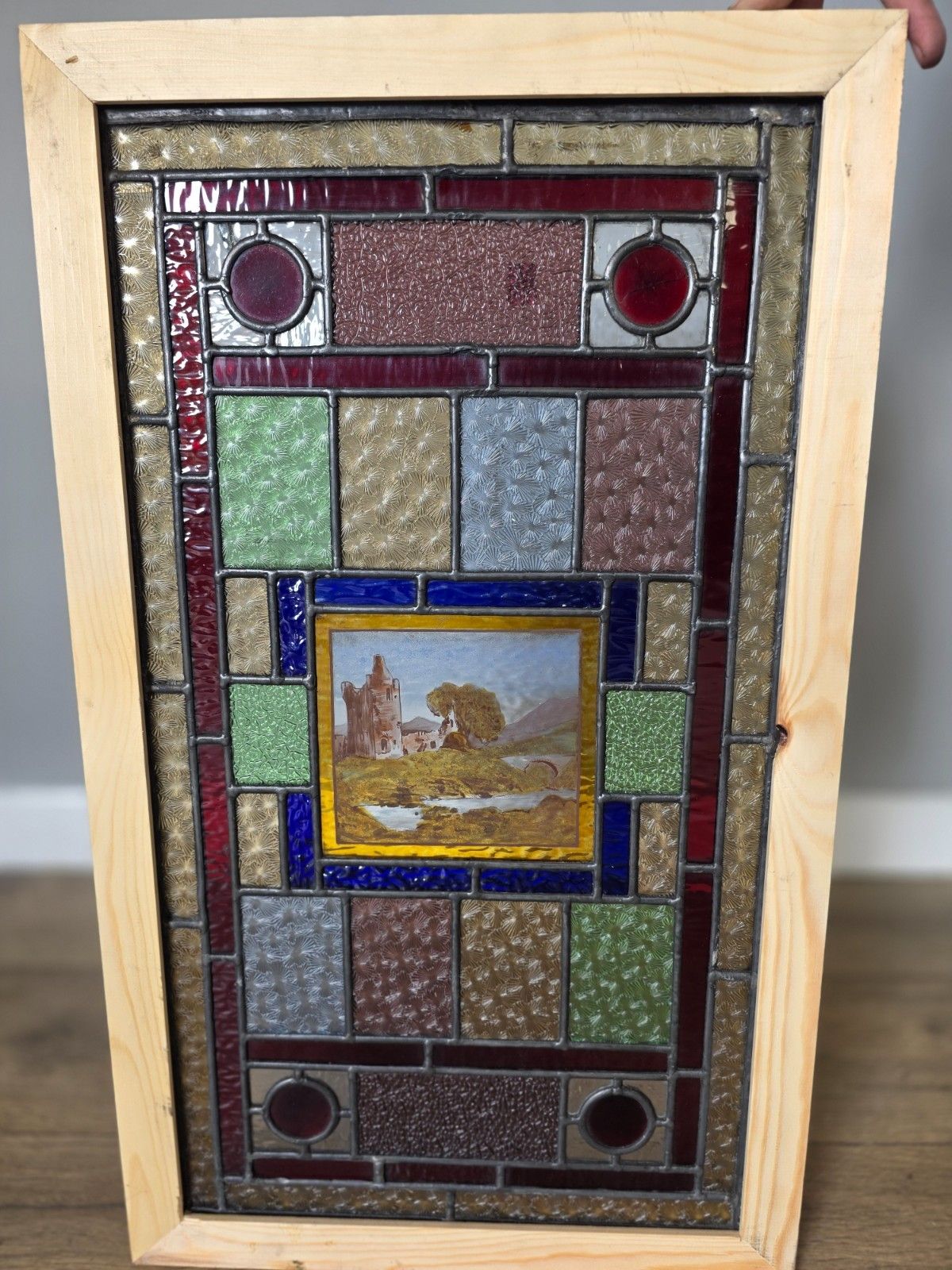 1900 Antique Leaded Glass Window With Hand Painted Countryside Scene With Castle