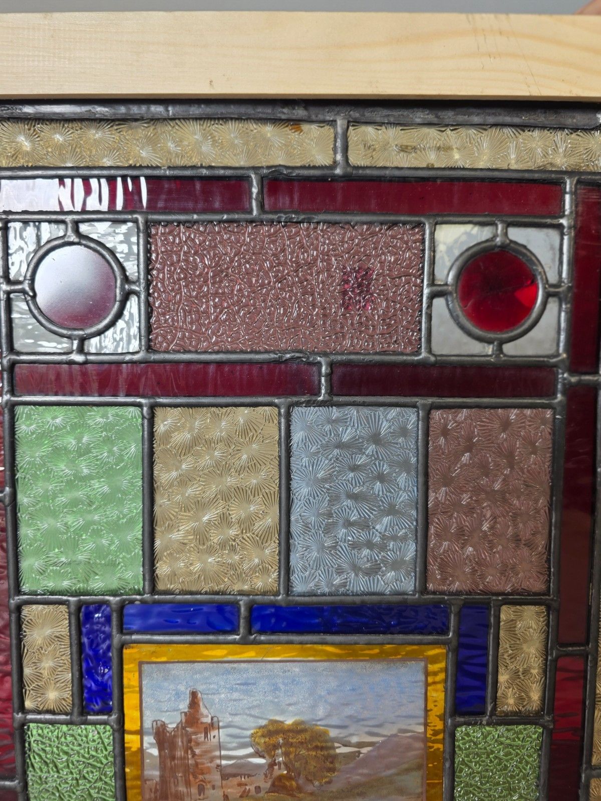 1900 Antique Leaded Glass Window With Hand Painted Countryside Scene With Castle photo Art