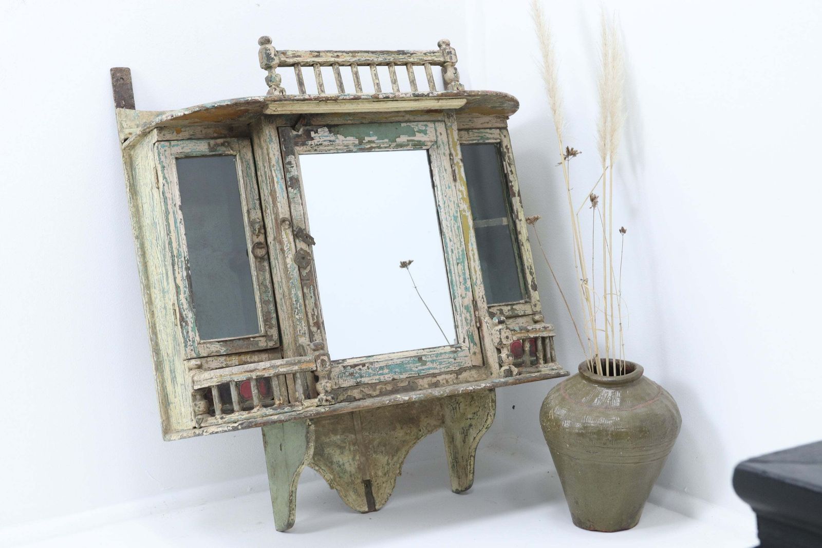 19th Century Yellow Painted Hand Carved Mirrored Indian Cabinet