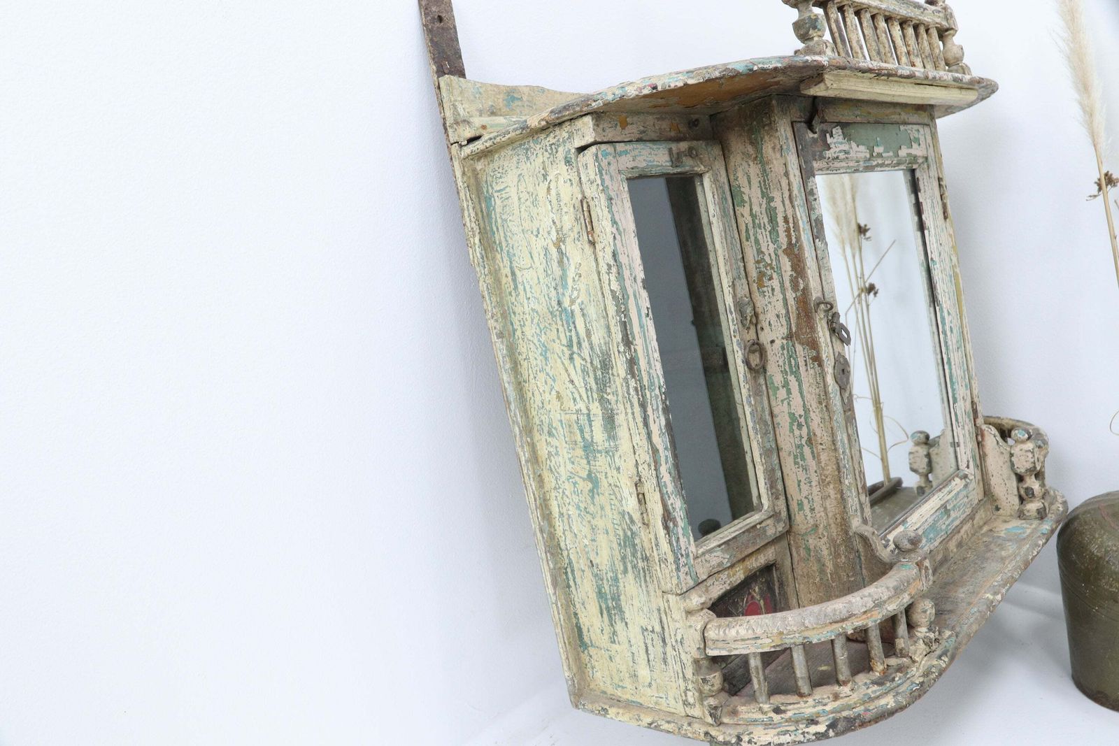 19th Century Yellow Painted Hand Carved Mirrored Indian Cabinet photo 1235.0