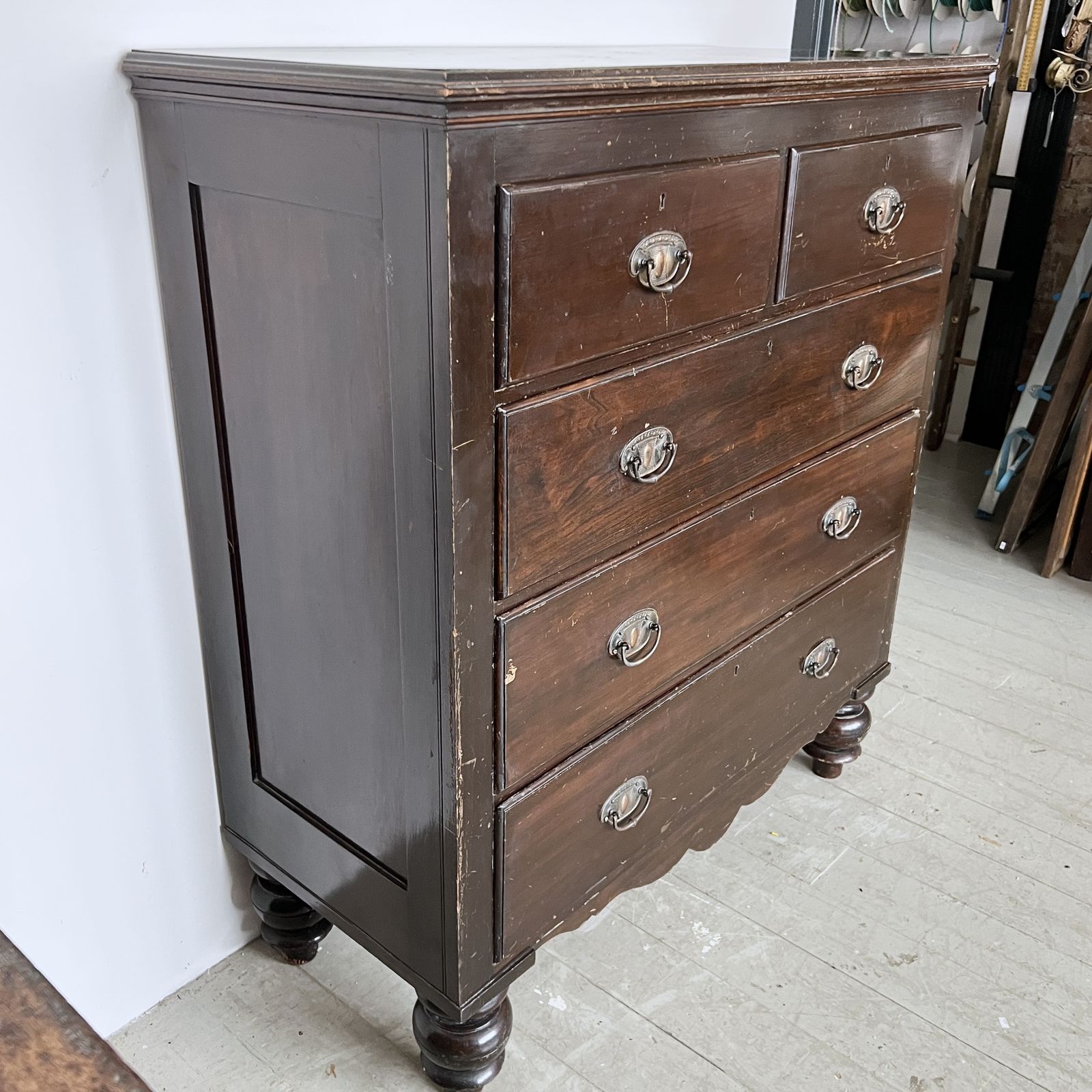 Dark Stained Wooden Chest Of Drawers With Original Handles photo for sale