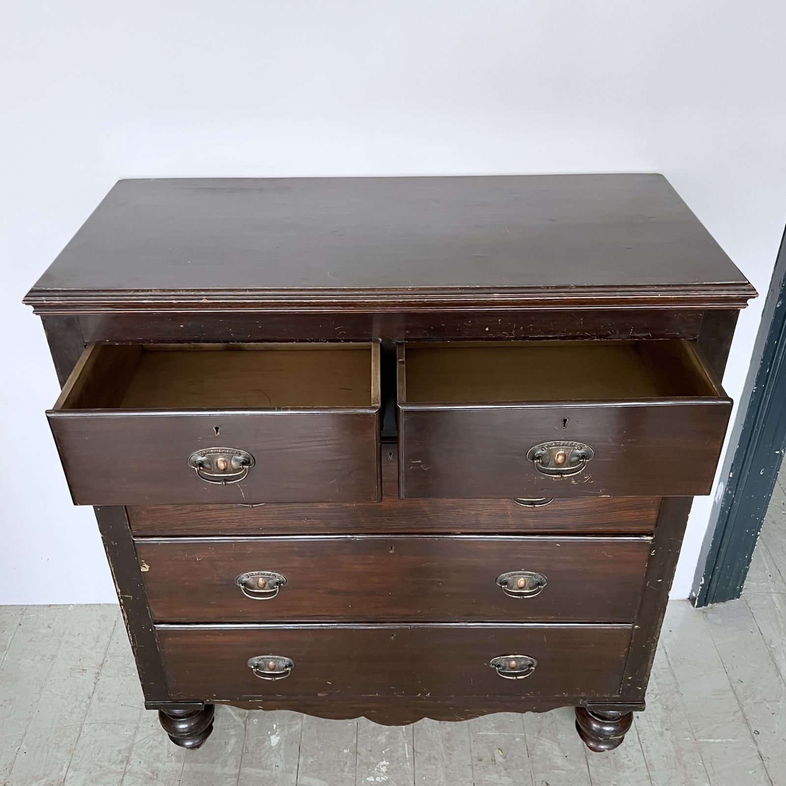 Dark Stained Wooden Chest Of Drawers With Original Handles photo Furniture