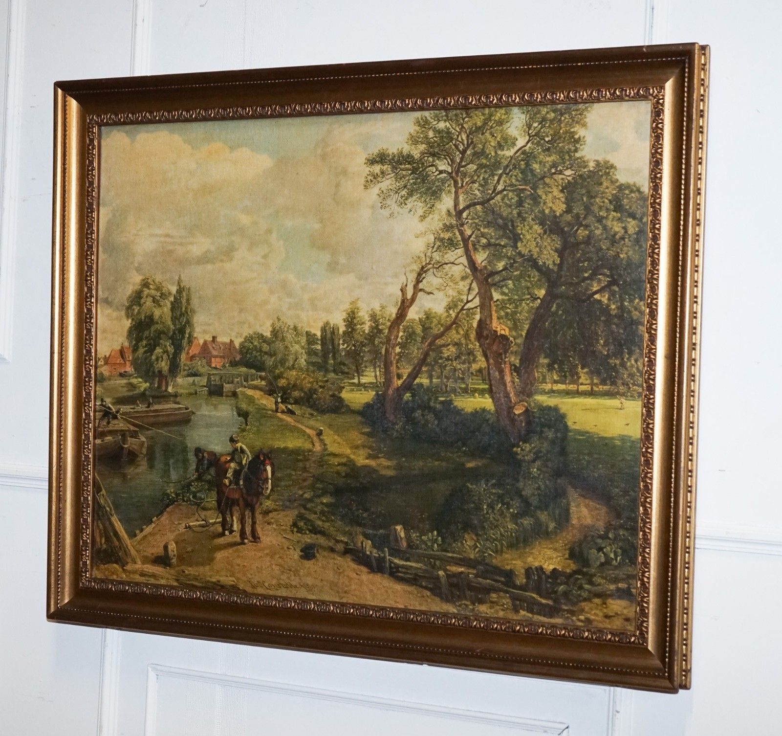Vintage Framed Countryside Landscape Print River Scene With Horses And Trees photo Art