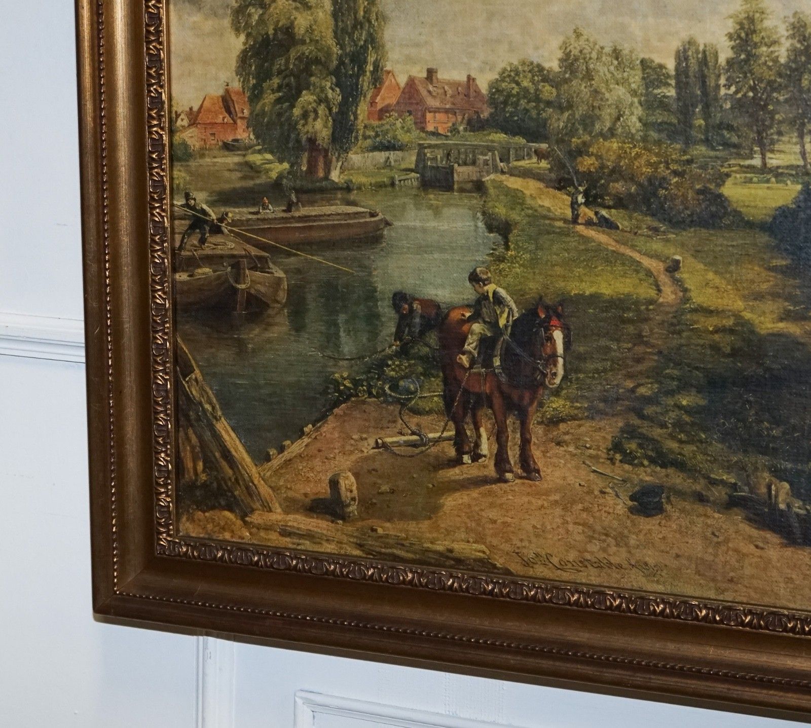 Vintage Framed Countryside Landscape Print River Scene With Horses And Trees photo vintage