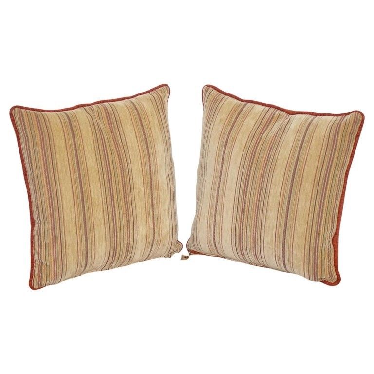Vintage Pair Of Beige Stripped & Burnt Orange Feather Filled Scatter Cushions