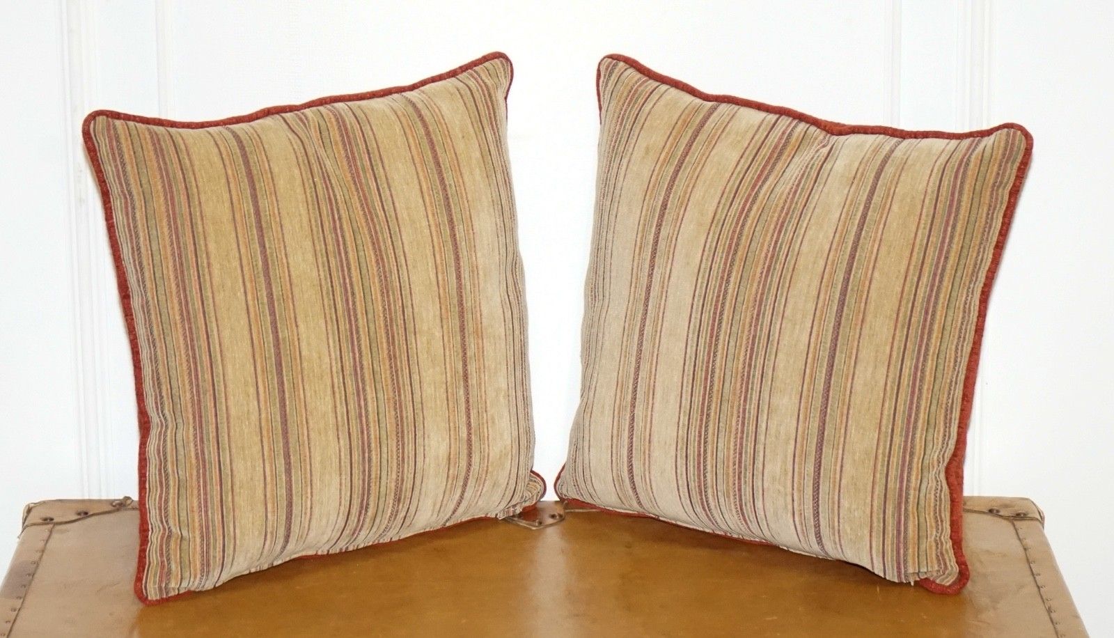 Vintage Pair Of Beige Stripped & Burnt Orange Feather Filled Scatter Cushions photo furniture