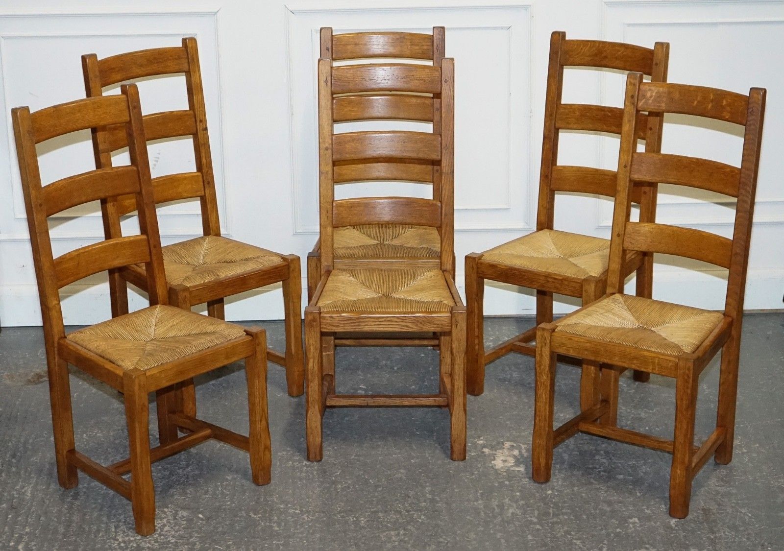 1950's French Set Of 6 Farm Country House Ladder Back Dining Chairs Straw Seats photo furniture