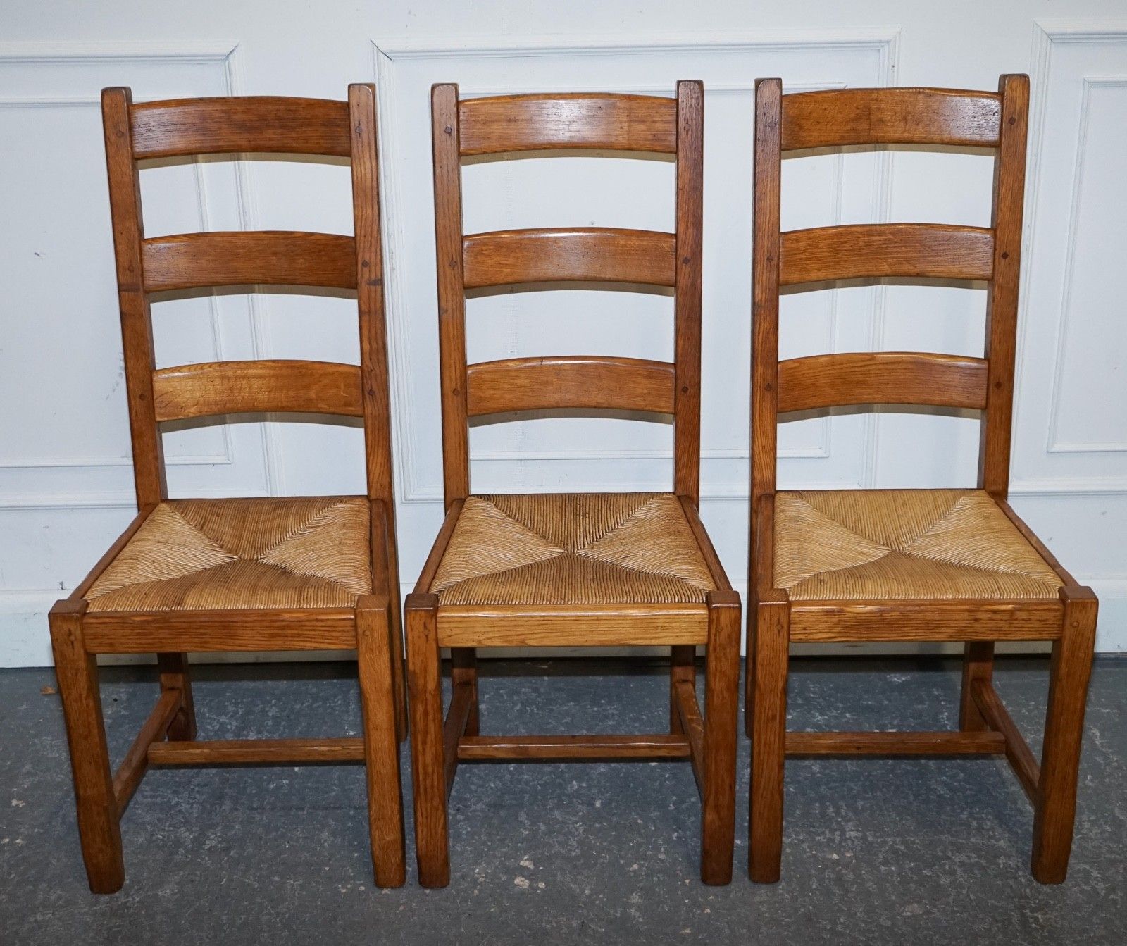 1950's French Set Of 6 Farm Country House Ladder Back Dining Chairs Straw Seats photo Furniture