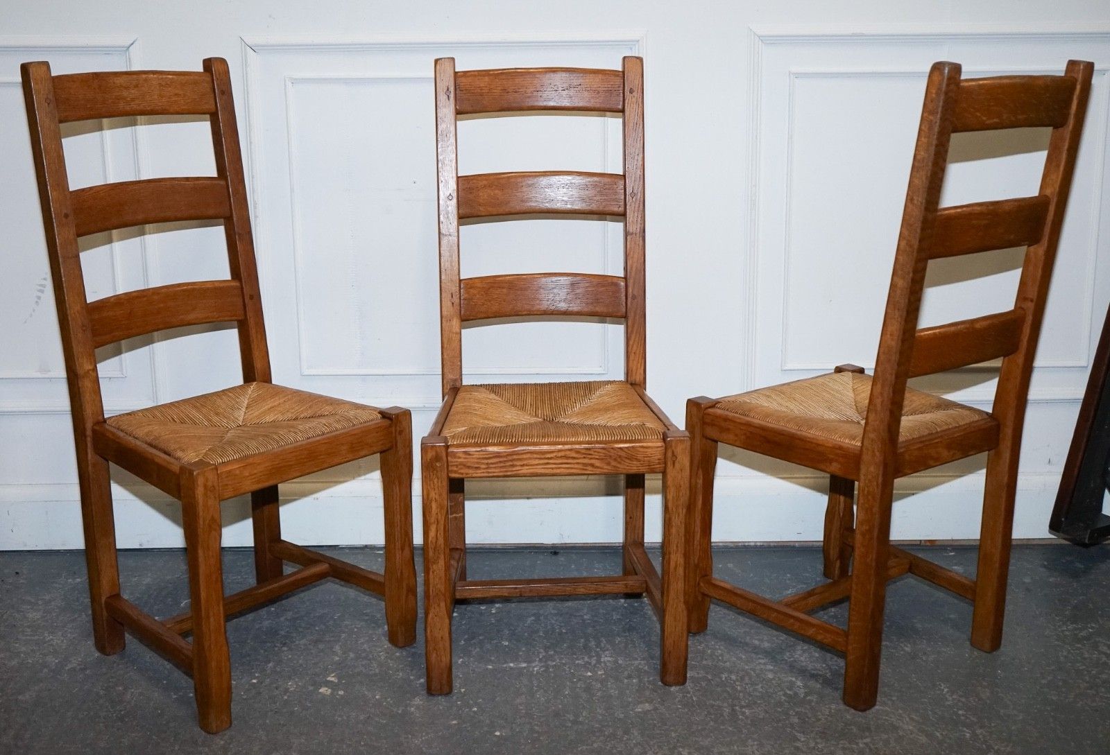 photo buy 1950's French Set Of 6 Farm Country House Ladder Back Dining Chairs Straw Seats