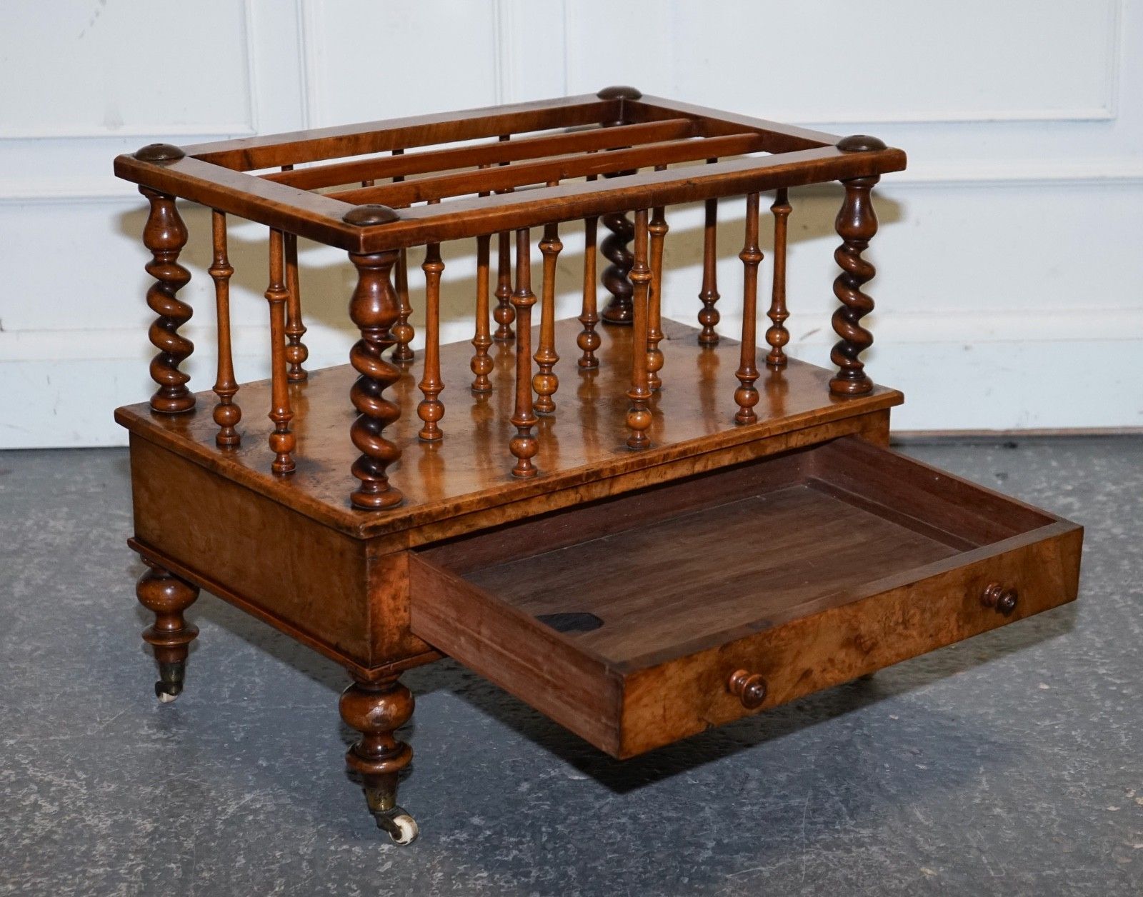 Fine Antique Victorian 1860 Burr Walnut Canterbury Magazine Rack Bobbin Columns photo for sale