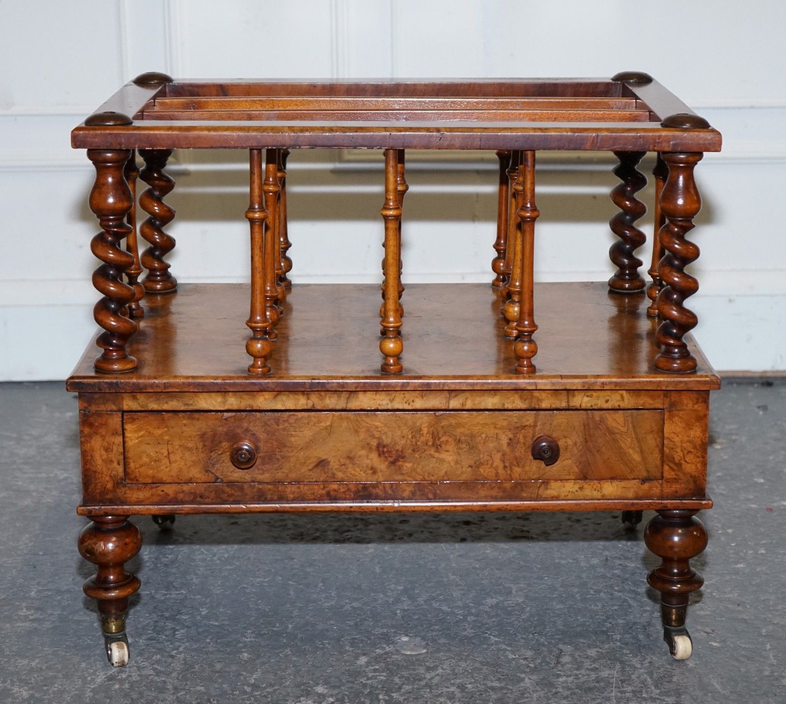 Fine Antique Victorian 1860 Burr Walnut Canterbury Magazine Rack Bobbin Columns photo 1750.0