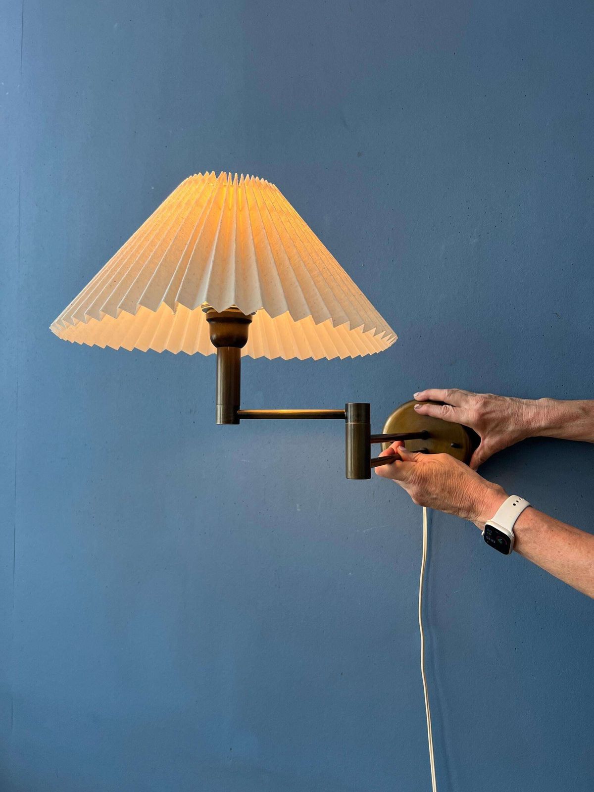 Brass Swivel Arm Mid Century Wall Lamp With Beige Pleated Shade photo for sale