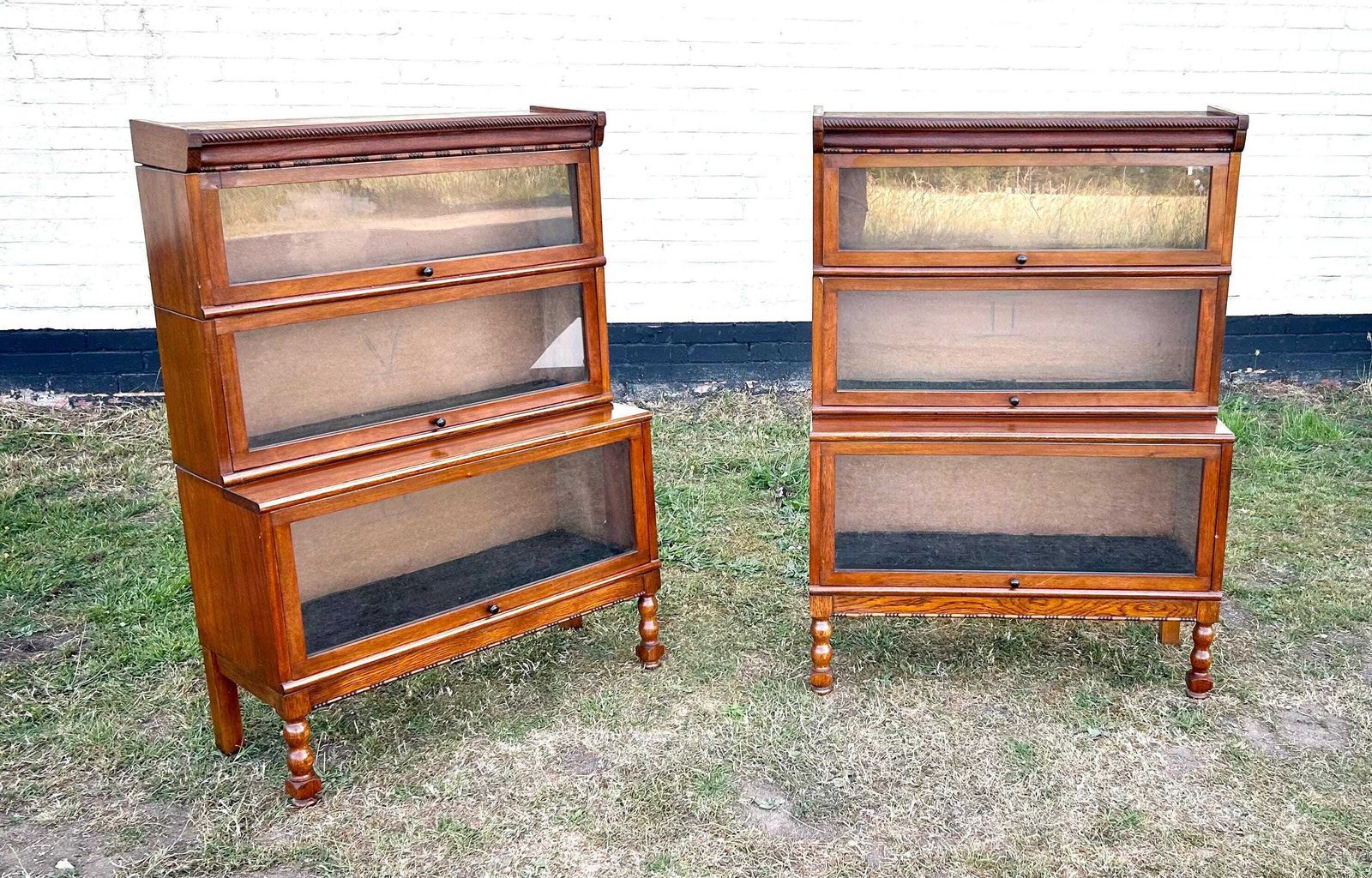 Pair Of Oak Three Tier Vintage Bookcase Cabinet Wooden Desk Drawer Solicitors Antique Industrial Stacking Haberdashery Library photo for sale