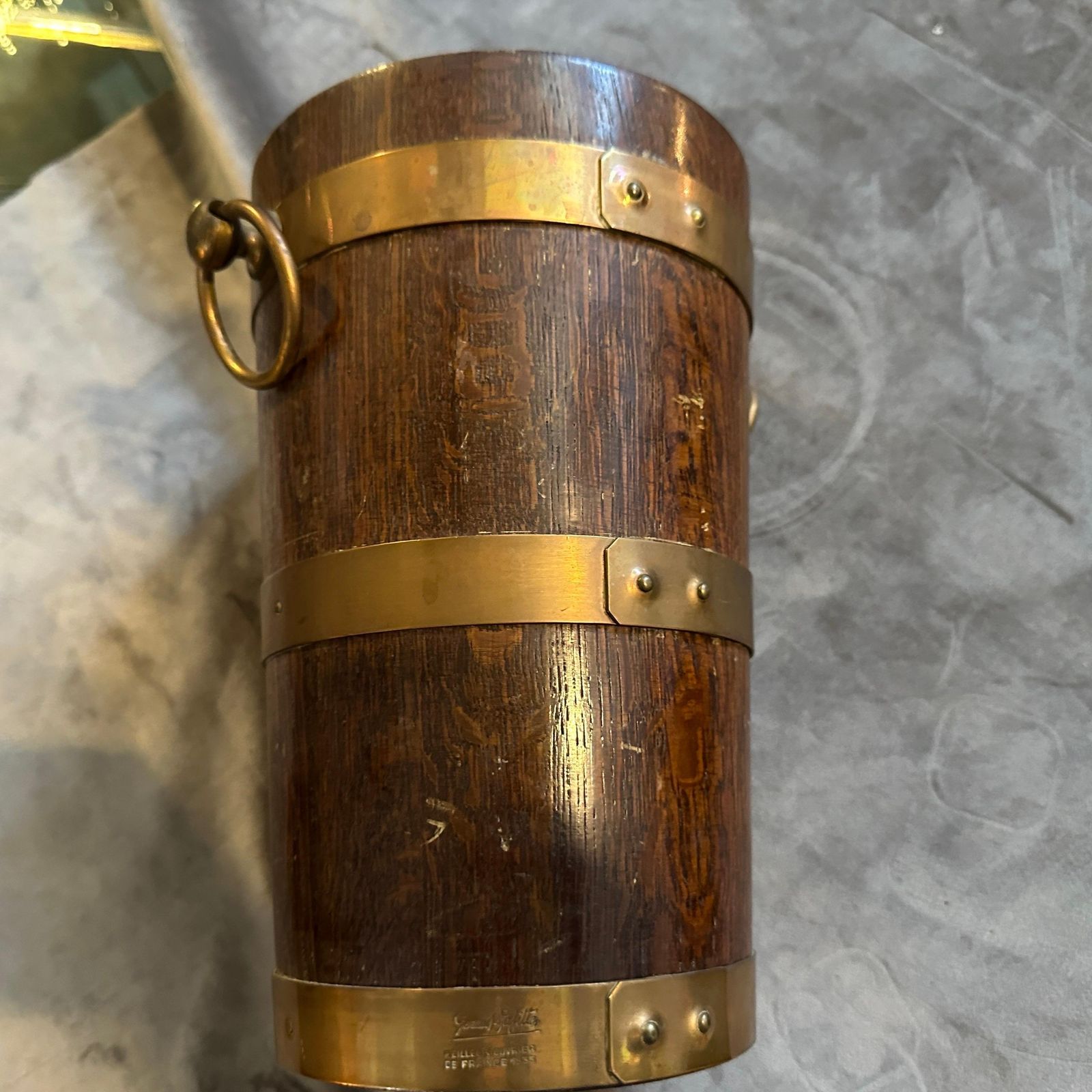 photo vintage 1940s Art Deco Oak Wood And Copper French Wine Cooler By Geraud Lafitte