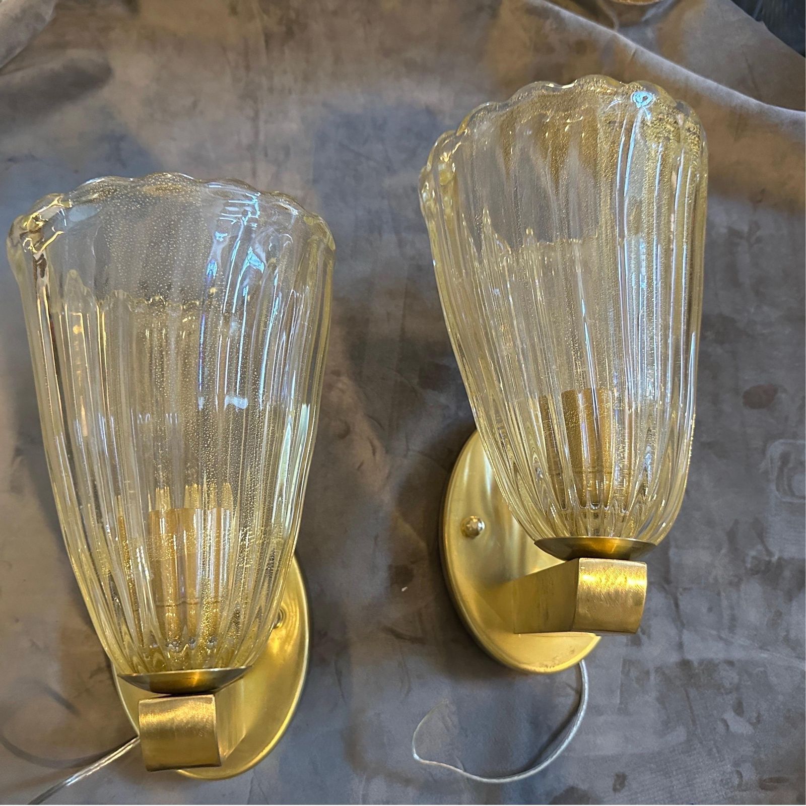 Two 1990s Barovier Style Mid Century Modern Murano Glass And Brass Wall Sconces photo furniture