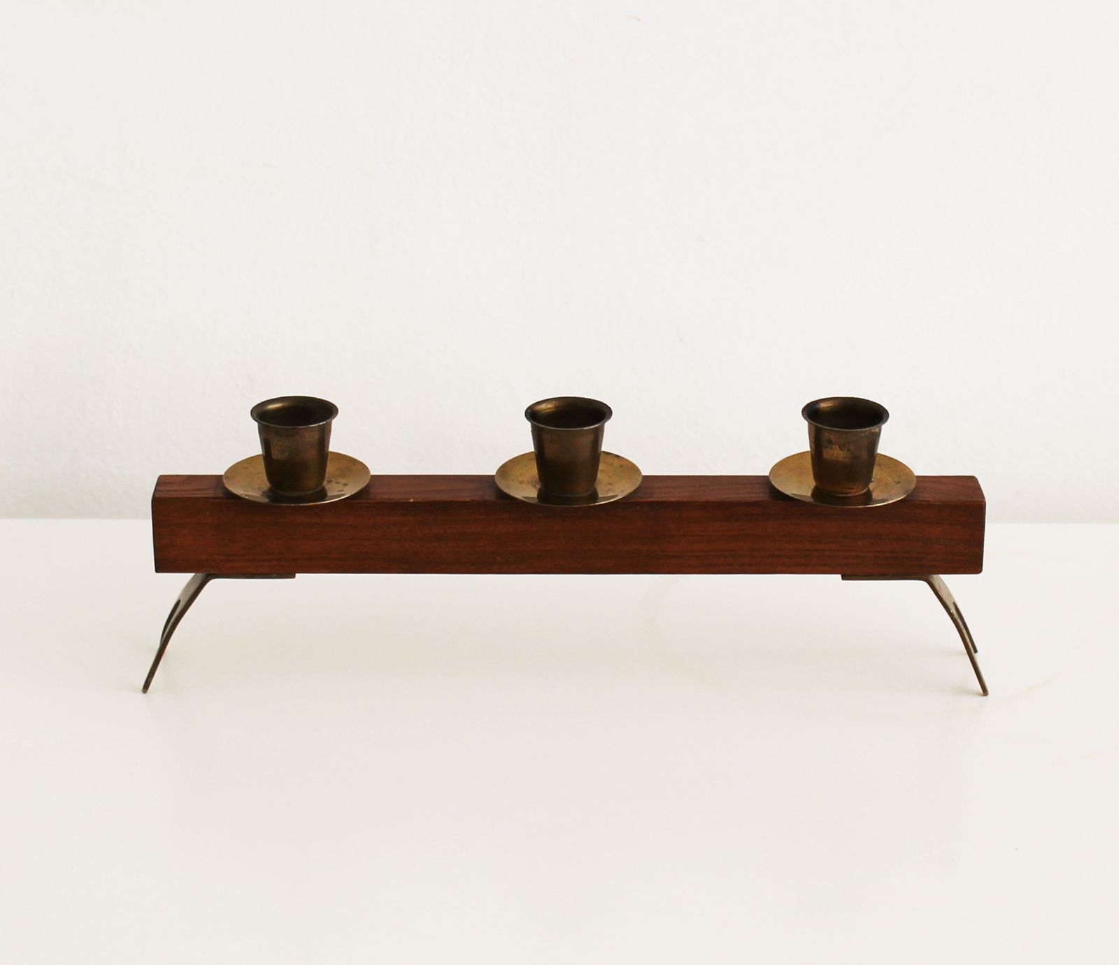 1960s Sculptural Wooden & Brass Candleholder photo for sale