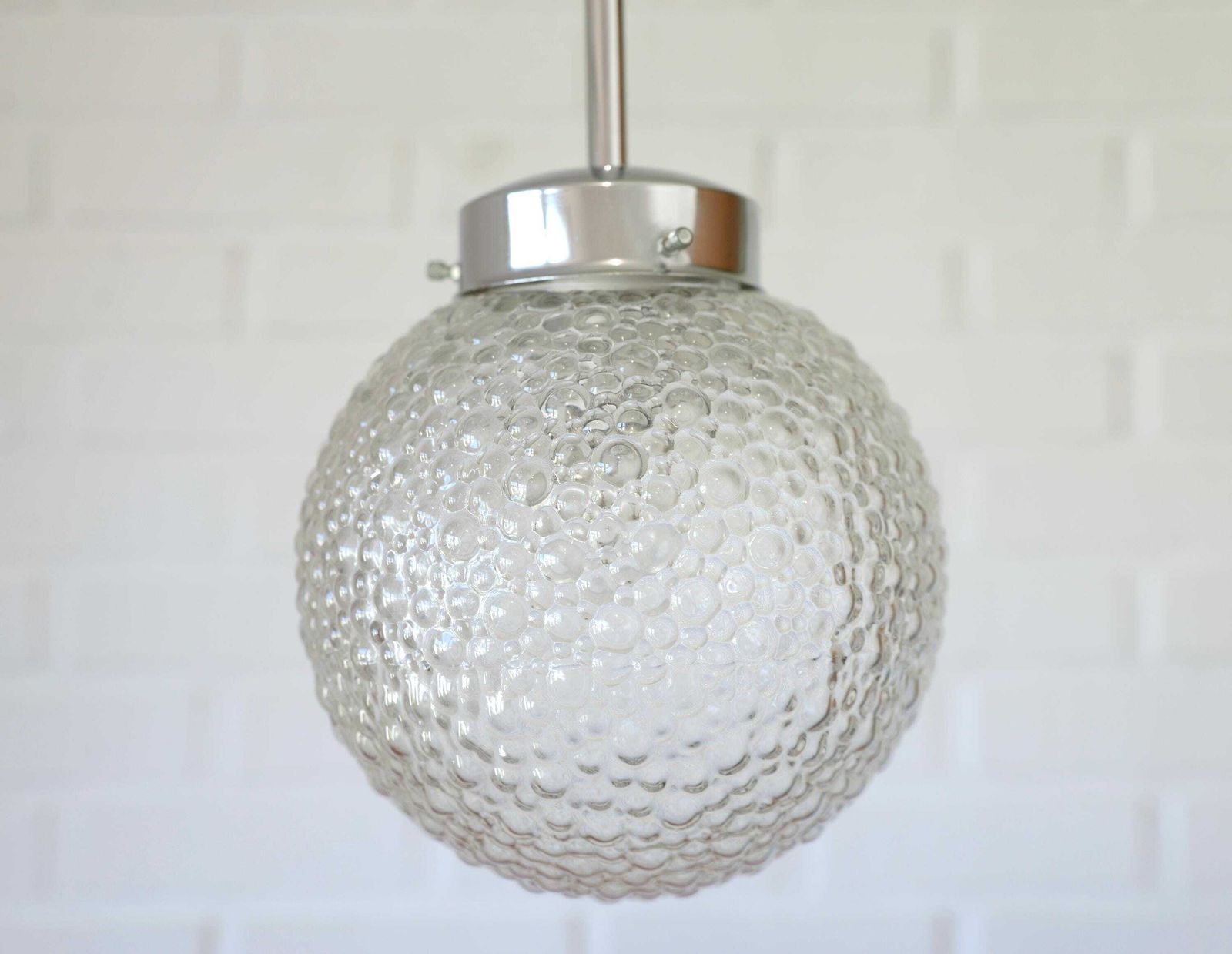 Vintage Pendant Light / Redesign Bubbles Glass Ceiling Light / Mid Century Style Hanging Lamp / Chrome Light Fixture / Yugoslavia 1970's photo vinterior