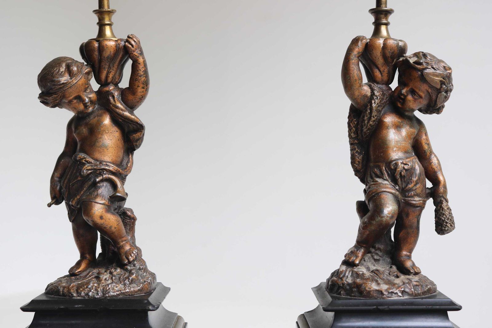 Antique Spelter Cherub Candelabra Pair With Bronze Finish Rococo Style French Putti Cande Holders 1880–1910 Belle époque photo furniture