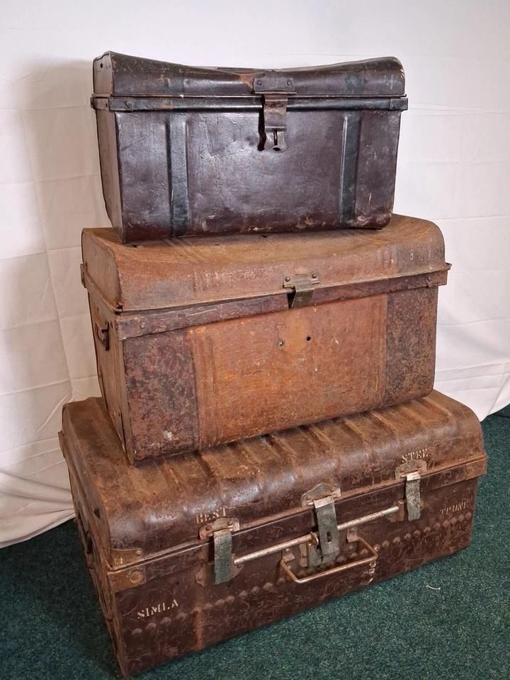 Trio Of Antique Metal Chests Ideal For Shop Display Or Industrial Look photo vintage