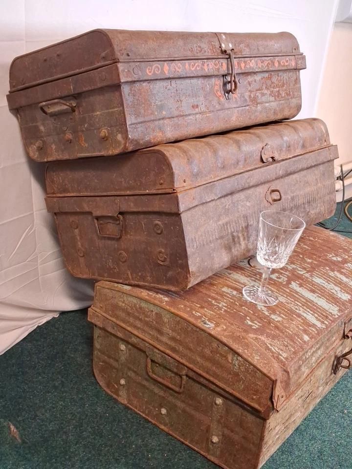 Assortment Of Antique Metal Chests Ideal For Shop Display Or Industrial Look photo buy