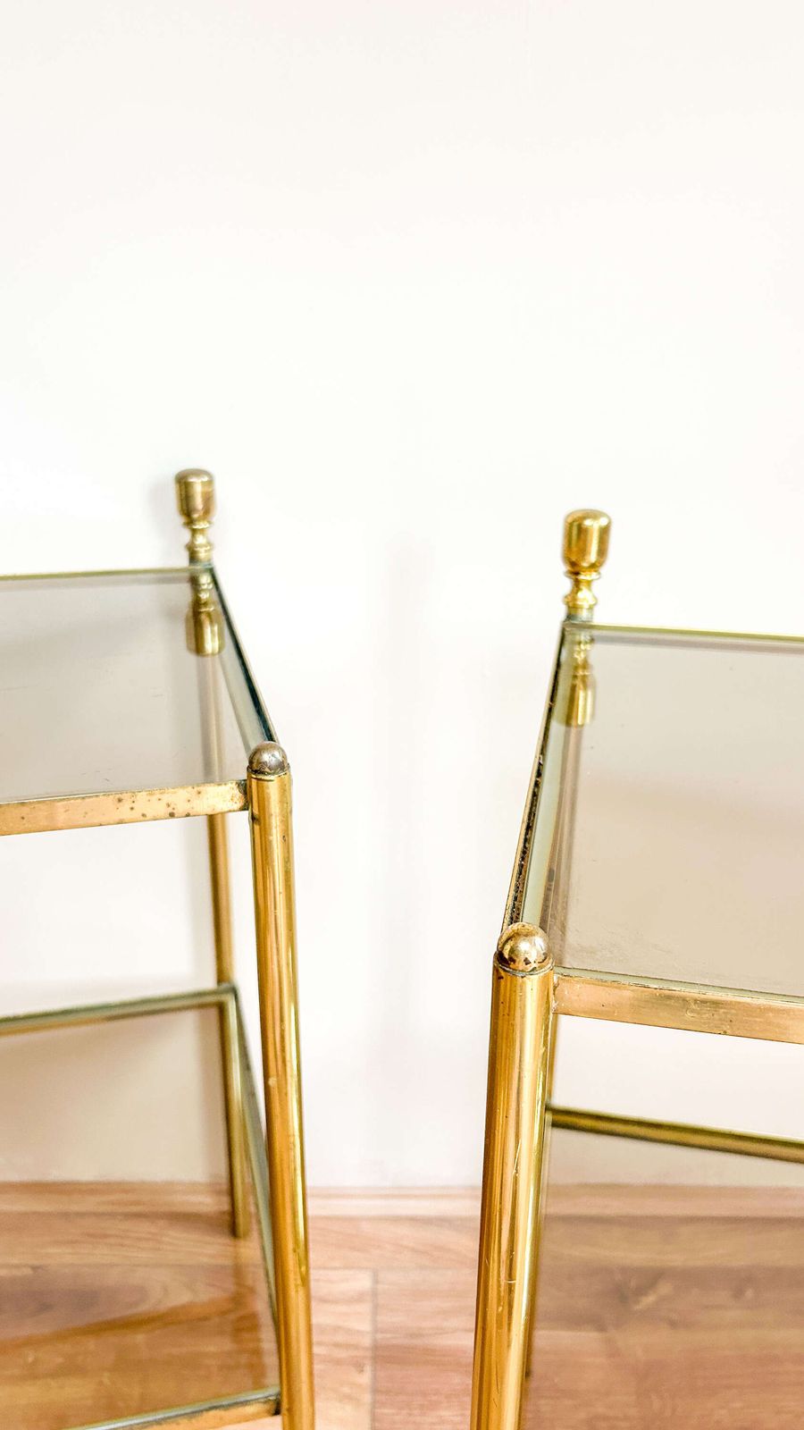 Pair Of Brass & Smoked Glass Side Tables | Bedside Tables photo furniture