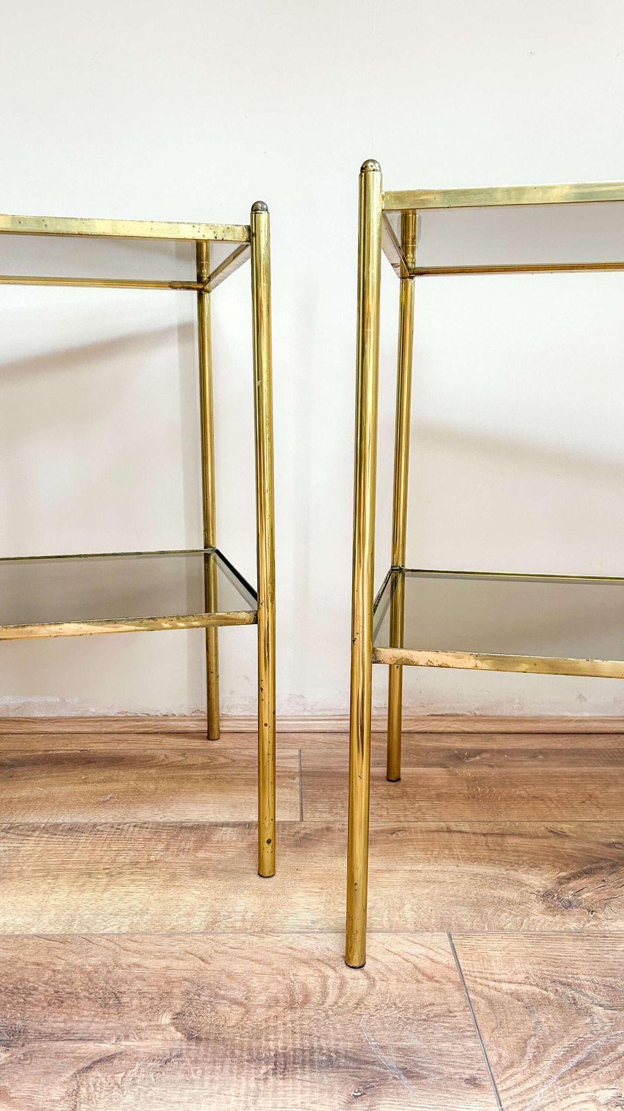 Pair Of Brass & Smoked Glass Side Tables | Bedside Tables photo for sale