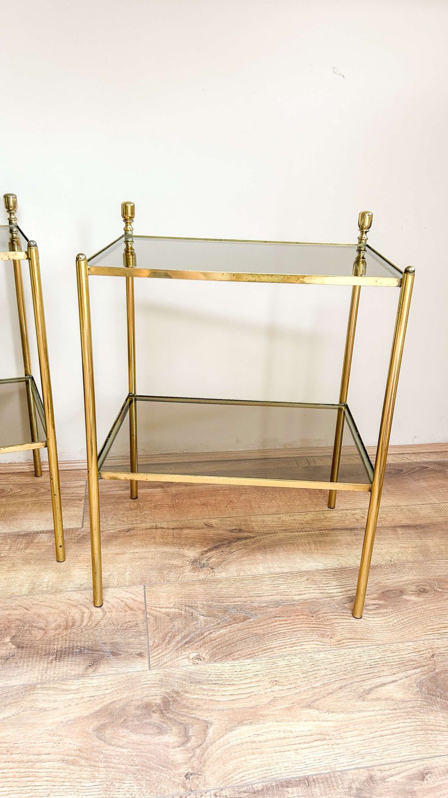 photo for sale Pair Of Brass & Smoked Glass Side Tables | Bedside Tables