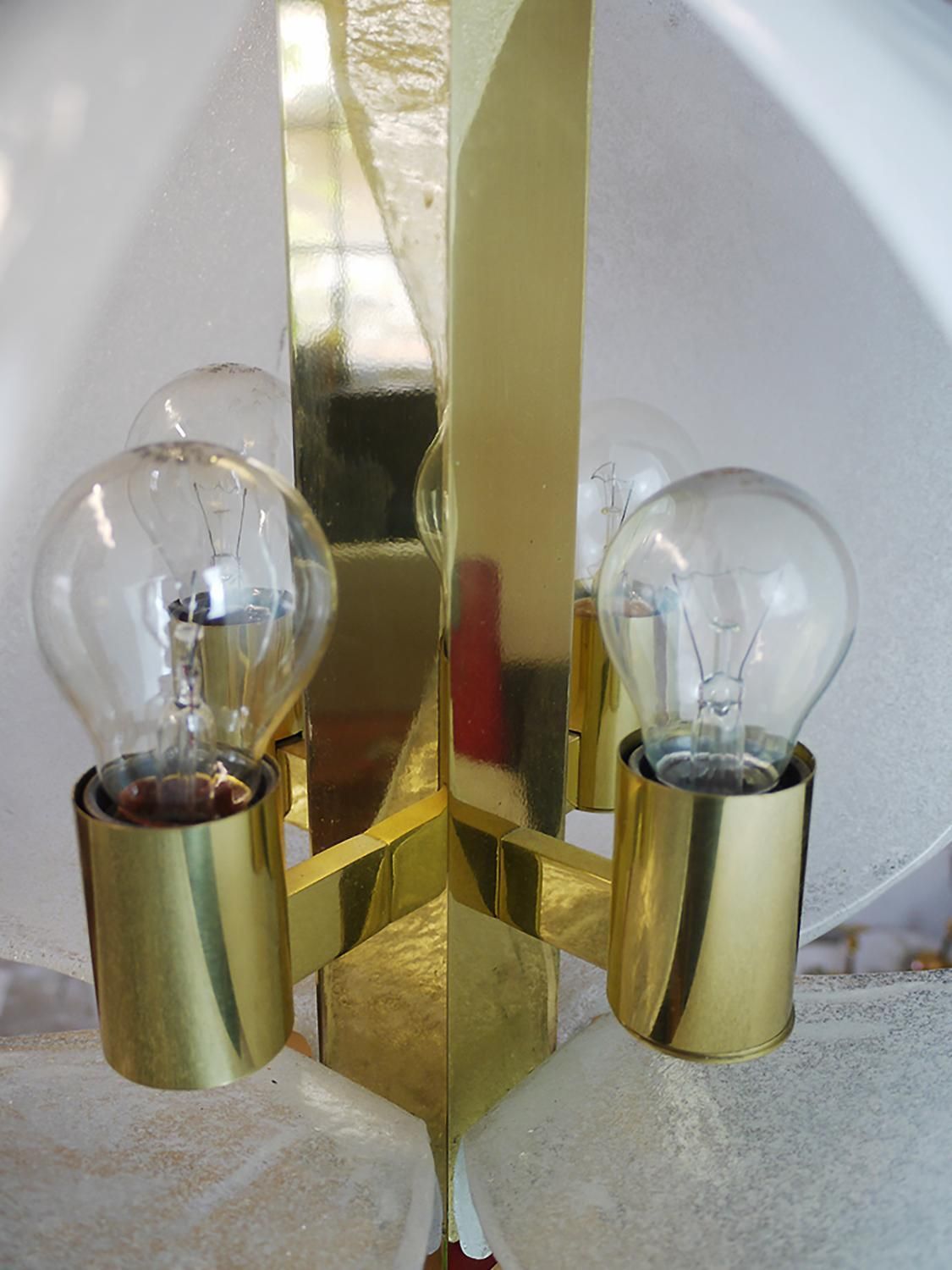 Lighting Frosted Murano Tulip Chandelier Pendant Glass & Brass By Kaiser, Germany, 1970s photo