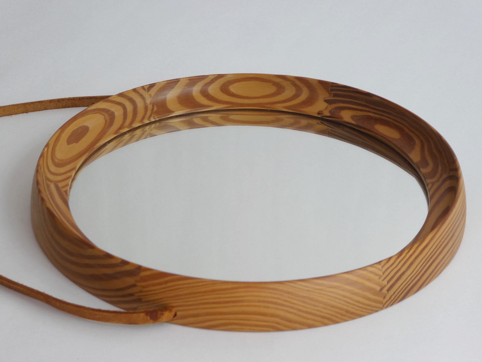 Mid Century Round Wooden Mirror With Leather Cord, Scandinavian Modern Wooden Wall Mirror, Danish Design photo buy