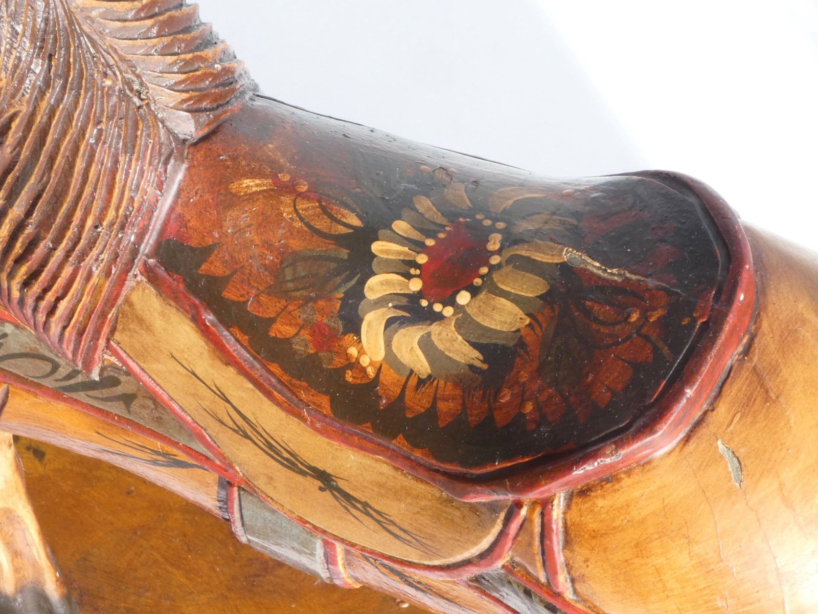 Wood Carved Rocking Horse With Glass Eyes, Carousel Horse With Floral Painted Details, Old Animal Toy On Wheels, Art Object photo buy