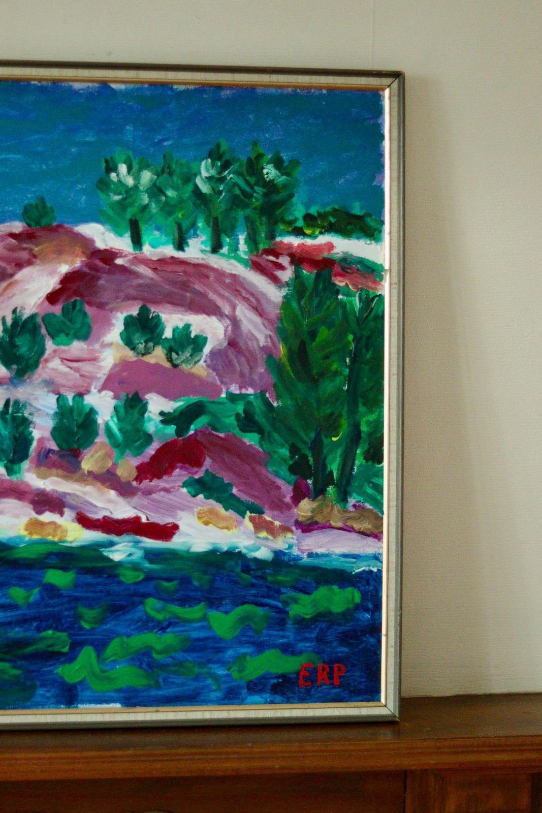 Original Vintage Acrylic On Panel – “Colourful Landscape Motif” By Erp – Framed | 54 X 51 Cm (21.3 X 20.1 In) photo 315.0