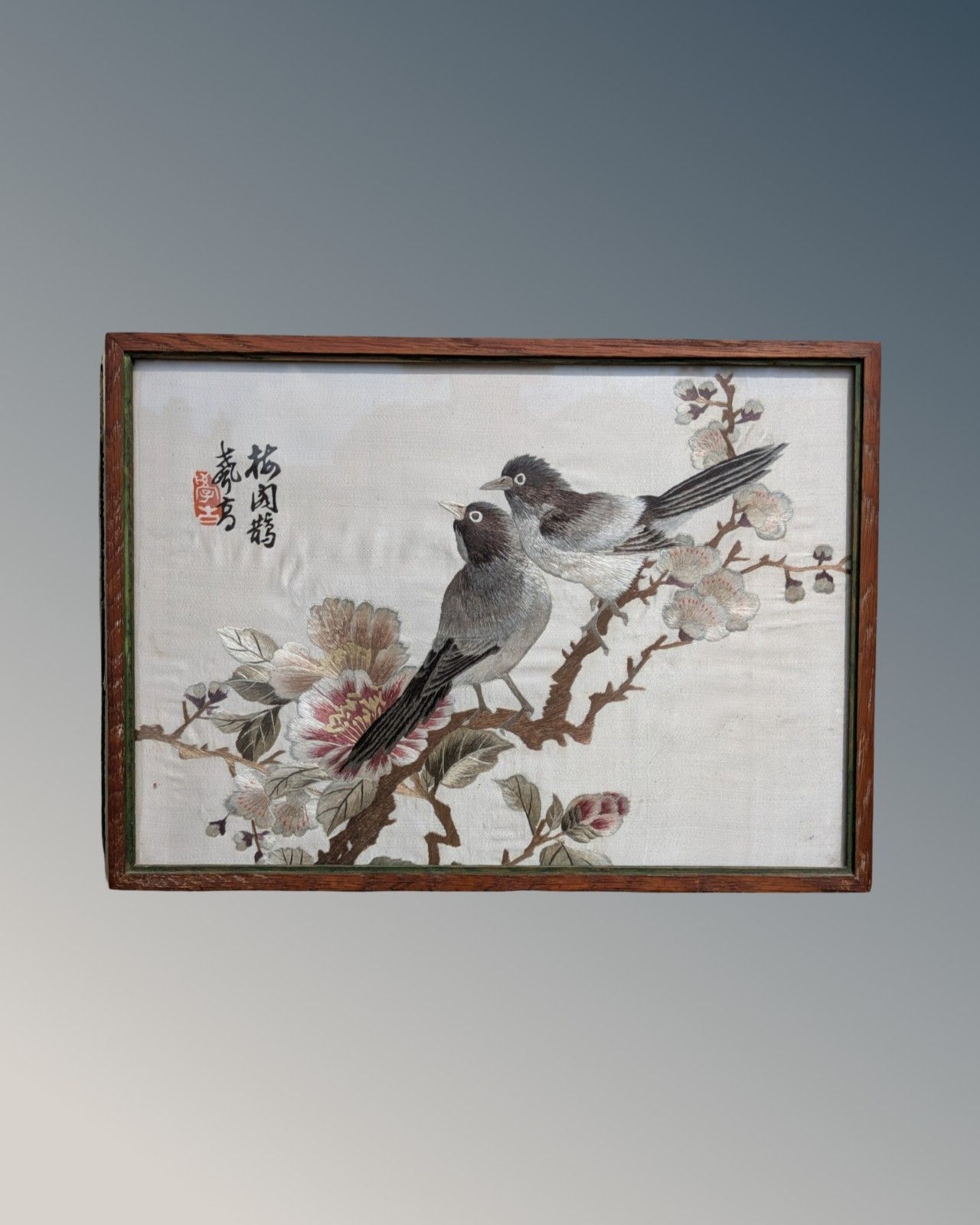 Pair Antique Chinese Embroidered Pictures Garden Birds & Mandarin Ducks photo furniture
