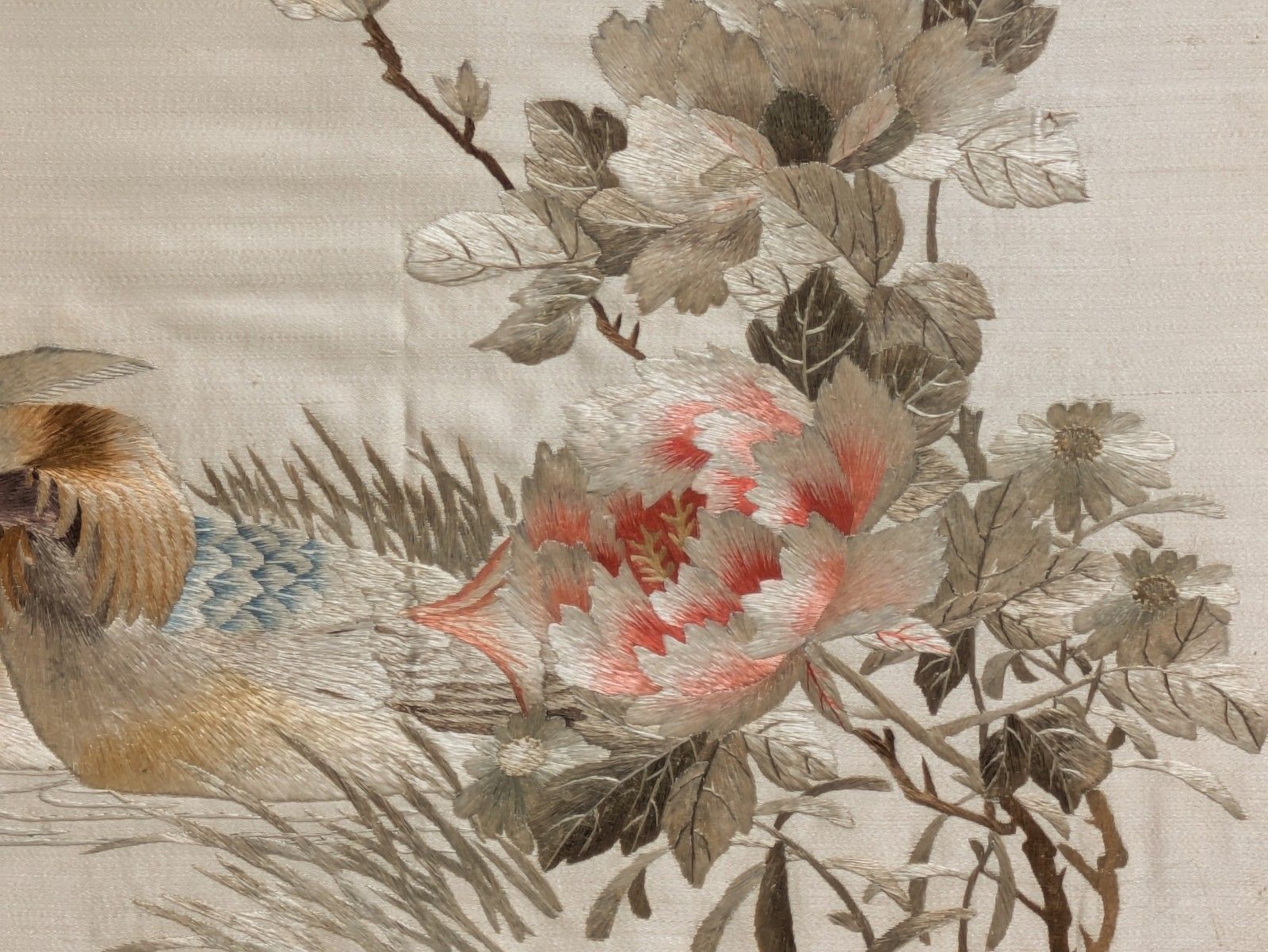 Pair Antique Chinese Embroidered Pictures Garden Birds & Mandarin Ducks photo vinterior