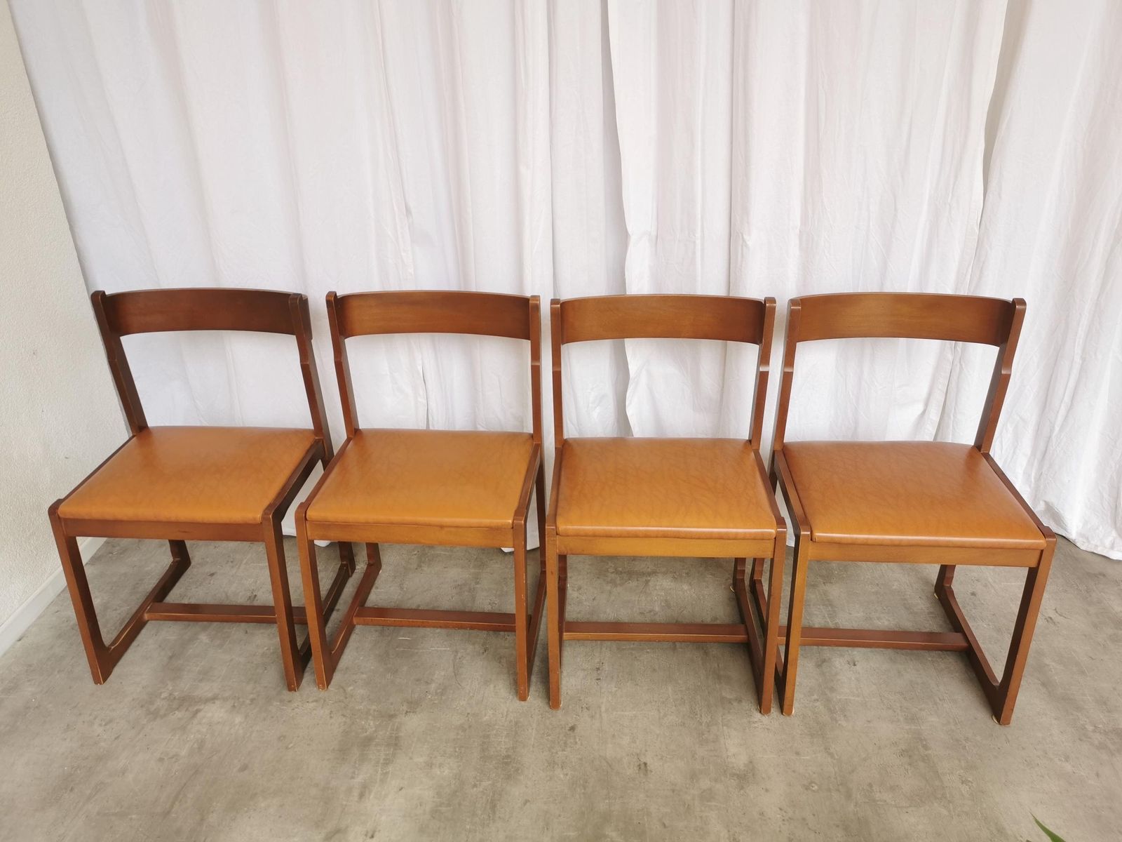 Set Of 4 Vintage Dining Chairs / 1970s Mid Century Wooden Sculptural Design With Brown Caramel Faux Leather Seats / Italian Modernist Design photo Furniture
