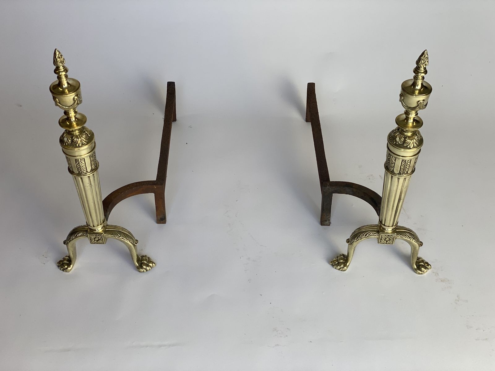 Pair Regency Brass & Iron Fire Dogs / Andirons