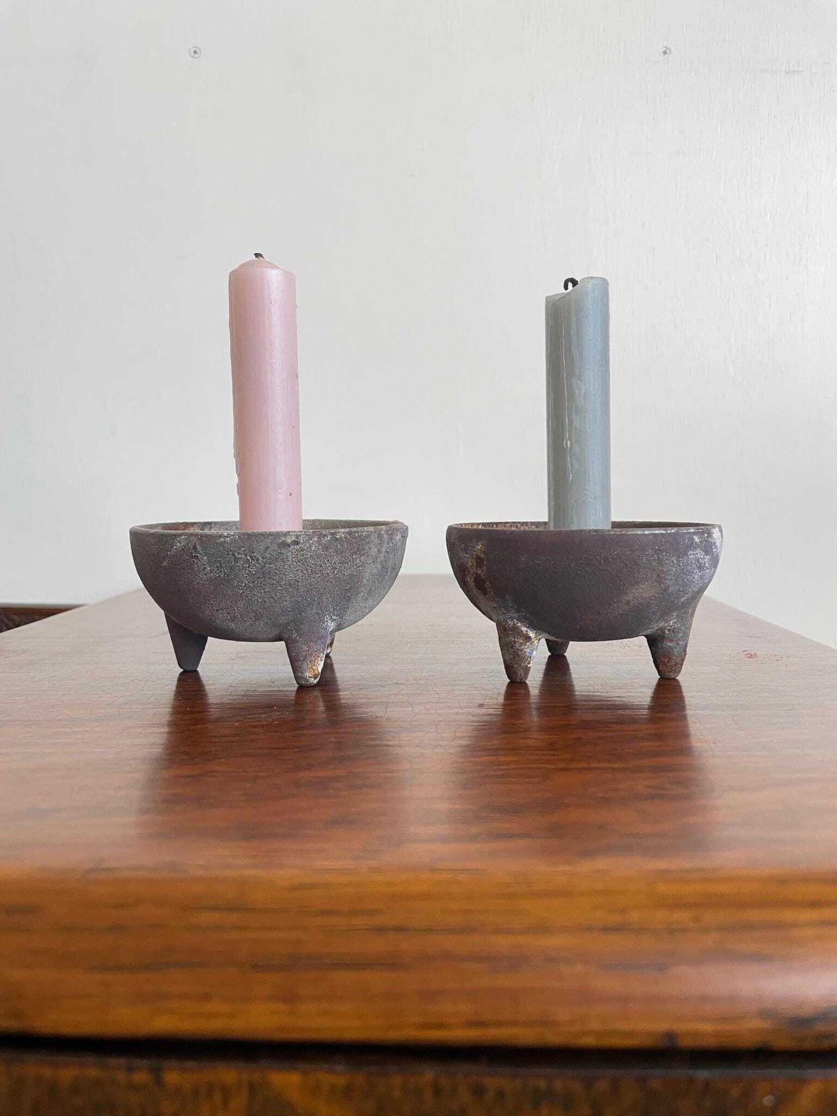 Pair Of Vintage Industrial Chunky Cast Iron Candle Holders Cauldron Bowl Shape