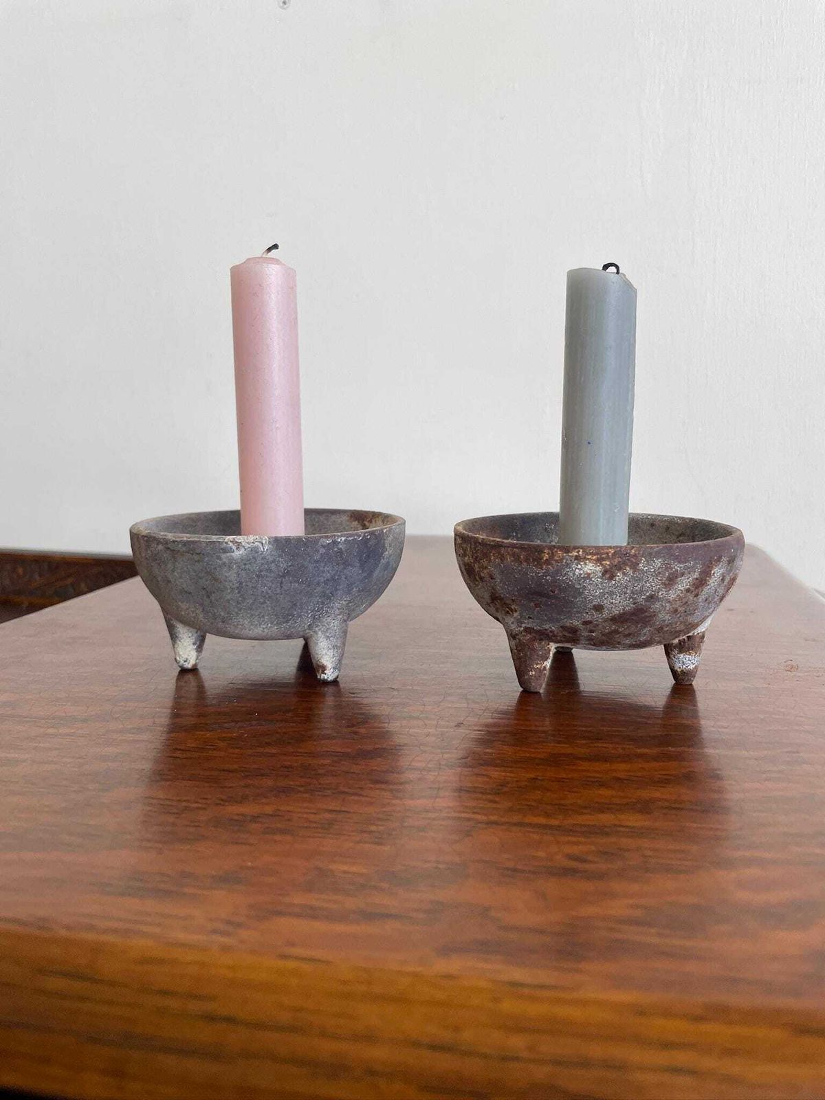 Pair Of Vintage Industrial Chunky Cast Iron Candle Holders Cauldron Bowl Shape photo furniture