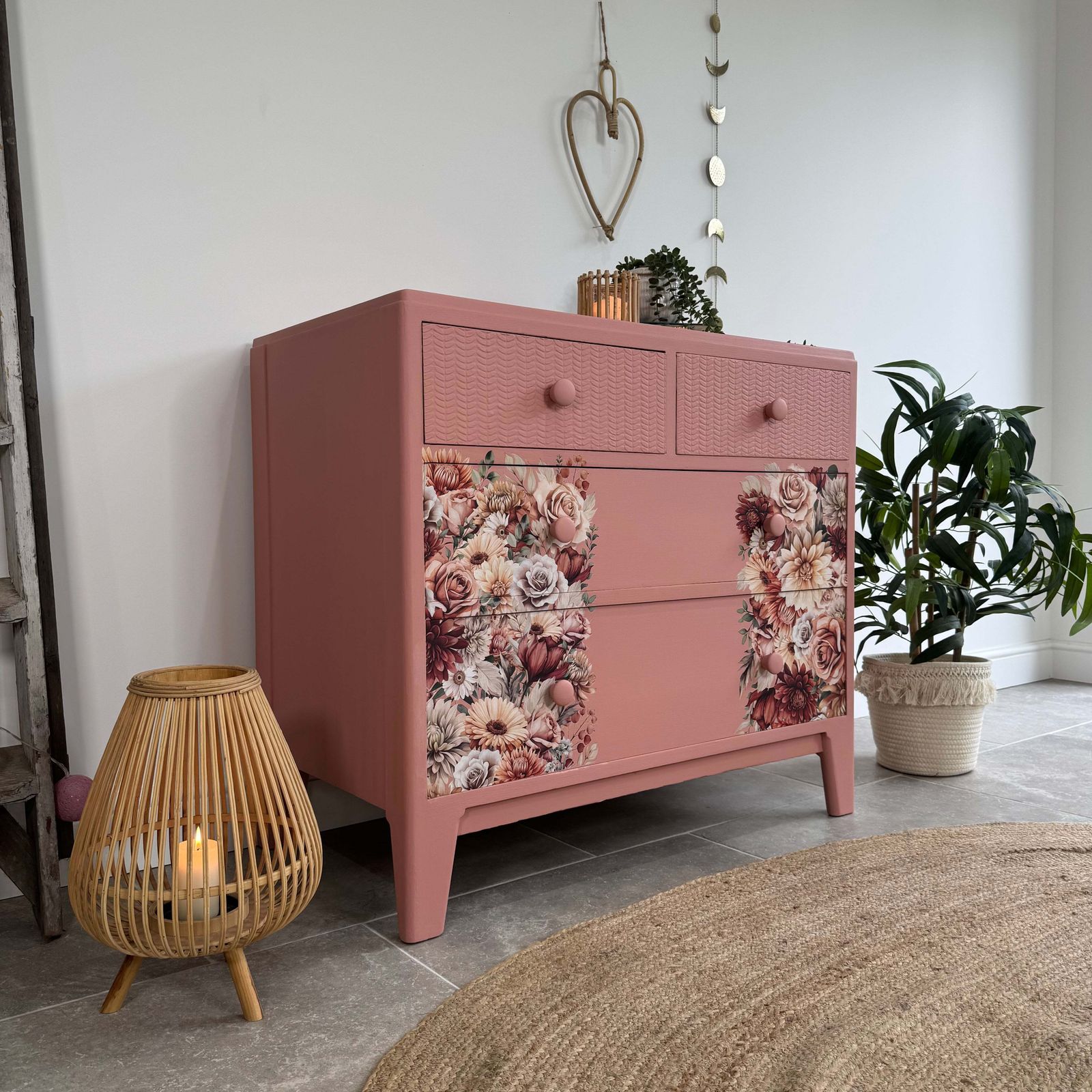 Colourful Pink Retro Chest Of Drawers With Florals photo for sale