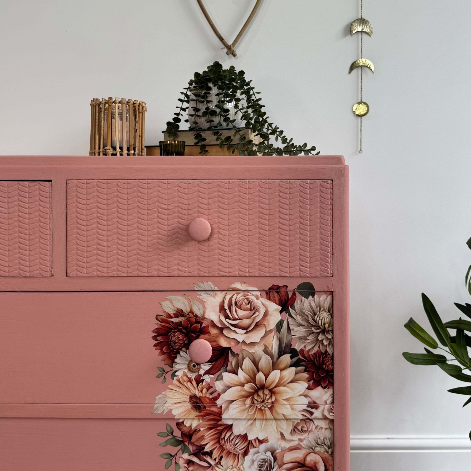 Colourful Pink Retro Chest Of Drawers With Florals photo Furniture