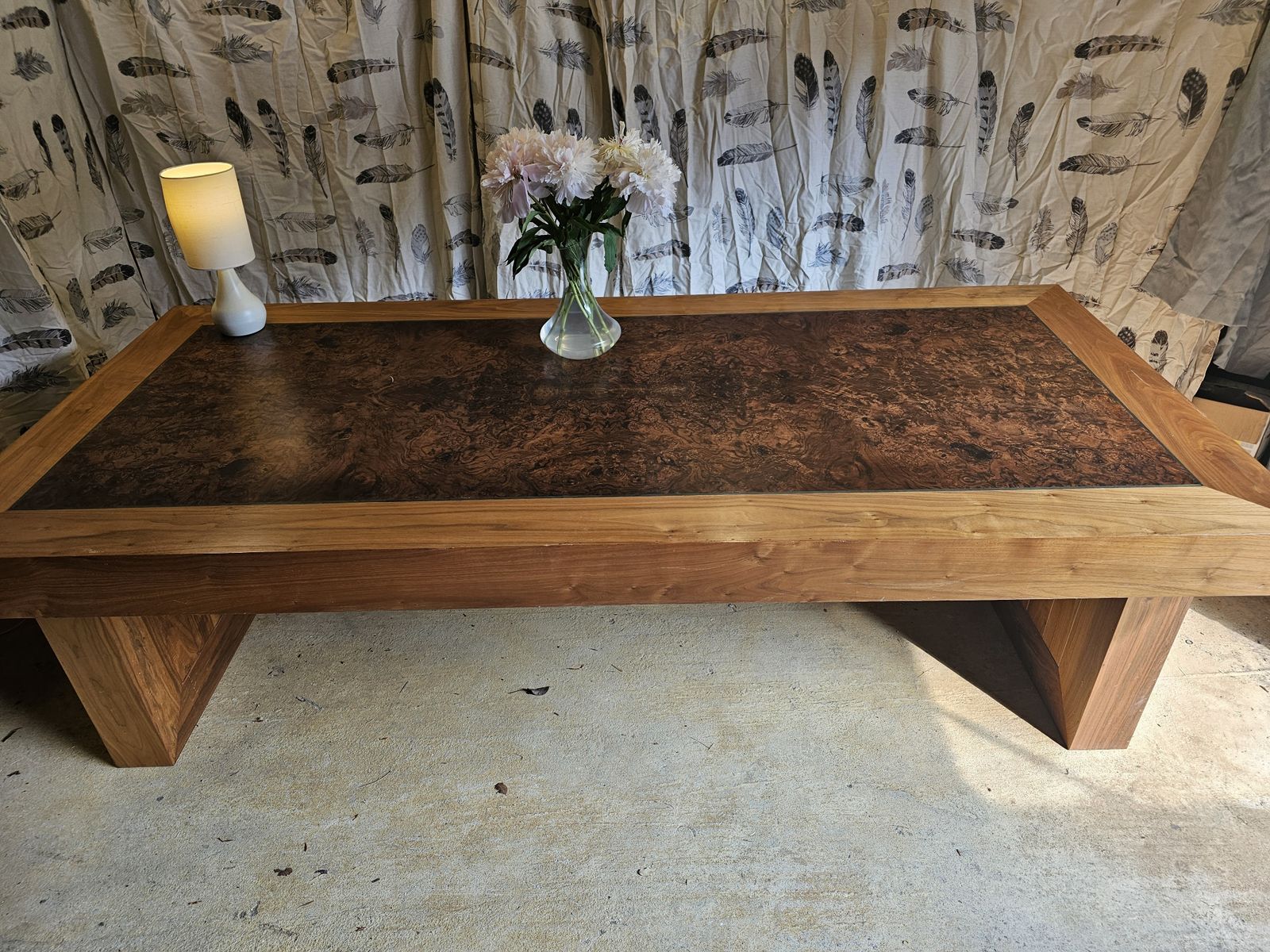 Bespoke Large Oak Desk With A Walnut Inlay And A Glass Overlay