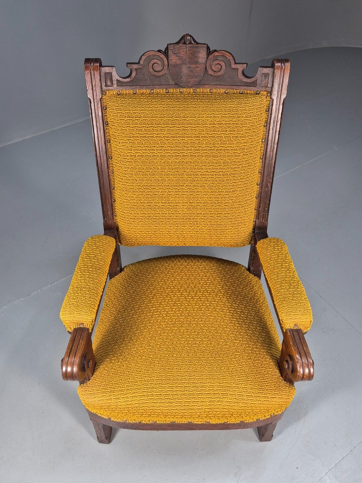 Antique Carved Oak Mustard Patterned Fabric Arm Chair Vintage Eb9788 Vcar photo for sale