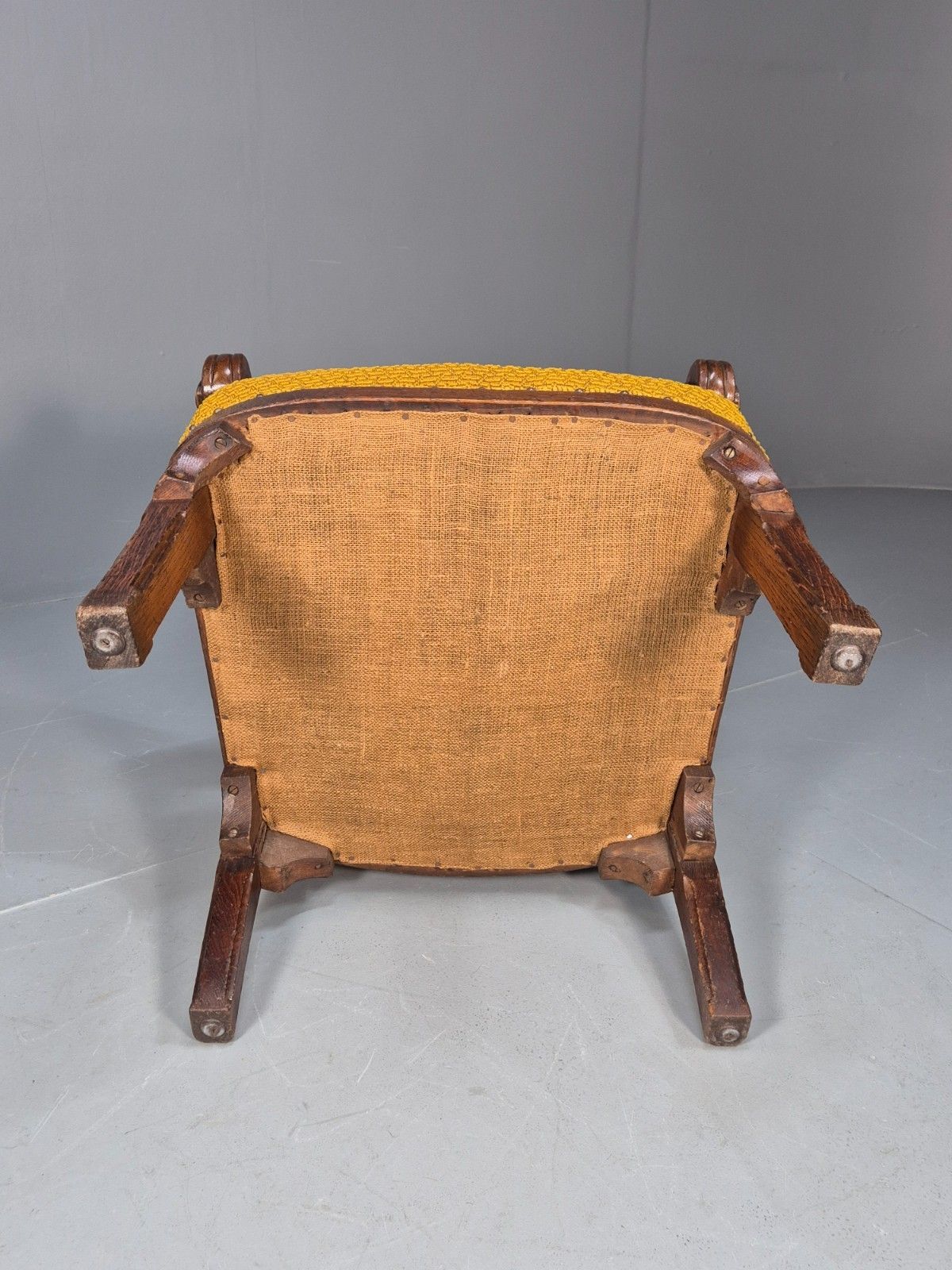 Antique Carved Oak Mustard Patterned Fabric Arm Chair Vintage Eb9788 Vcar photo buy
