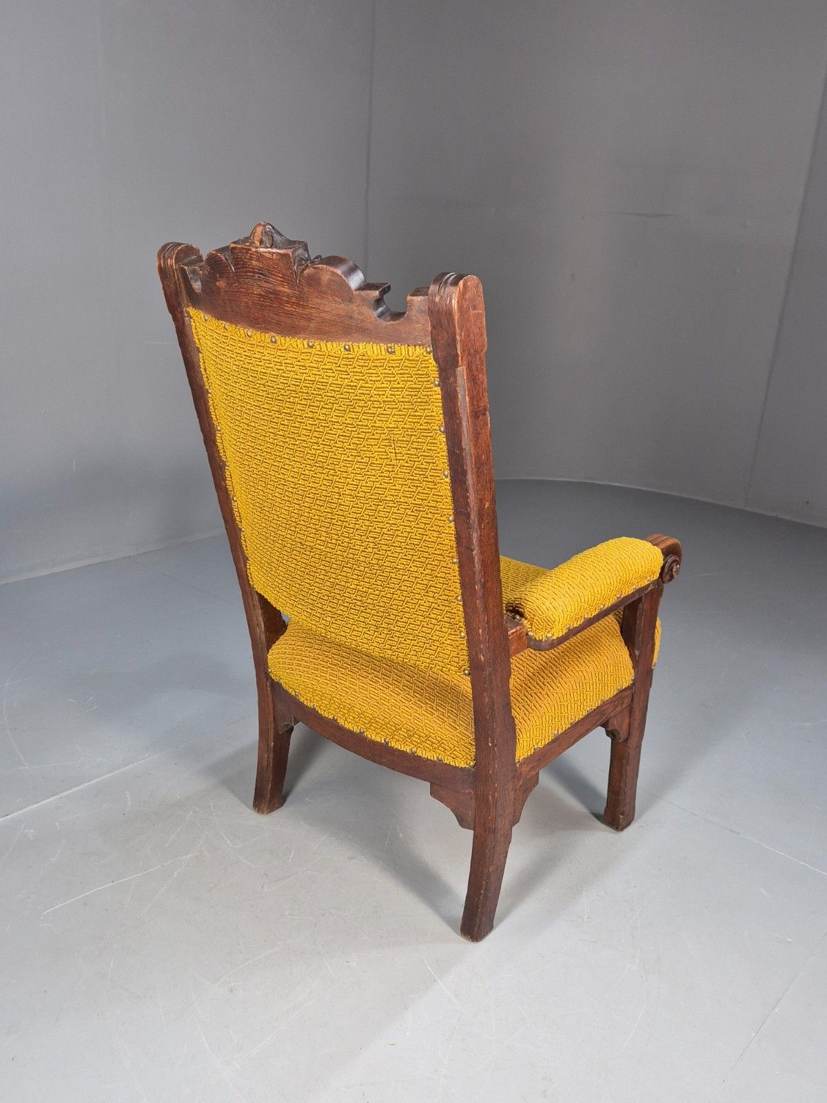271.0 Antique Carved Oak Mustard Patterned Fabric Arm Chair Vintage Eb9788 Vcar photo