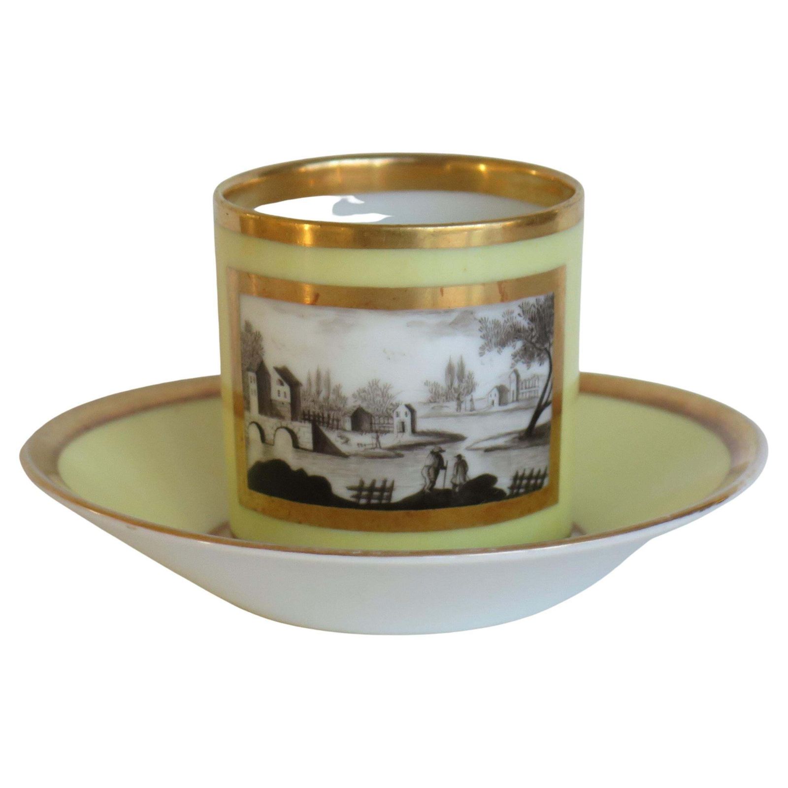 Old Paris Porcelain Coffee Can & Saucer Lemon Engrisaille, French Ca 1800