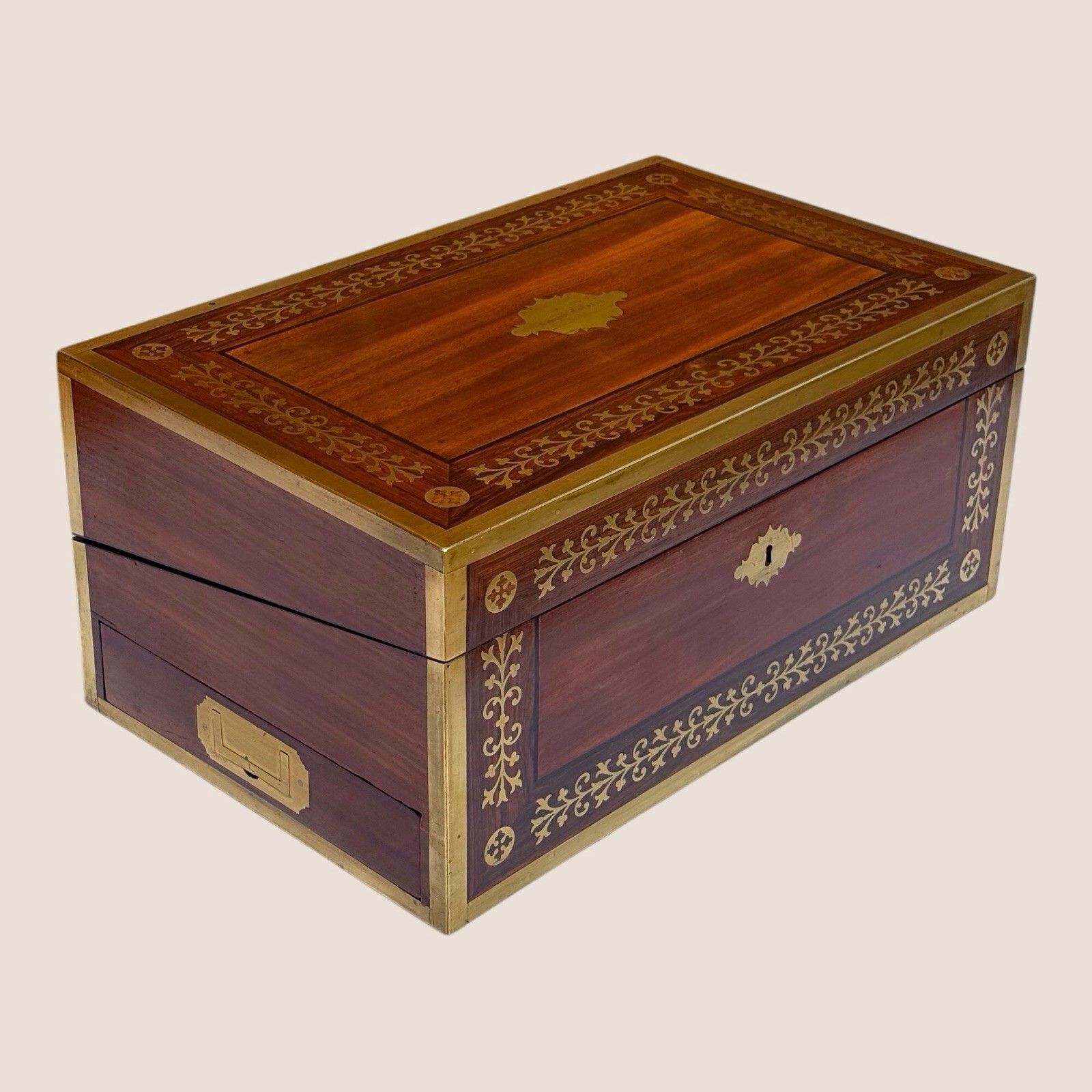 Antique Regency Mahogany & Brass Inlaid Campaign Writing Slope Box With Drawer photo for sale